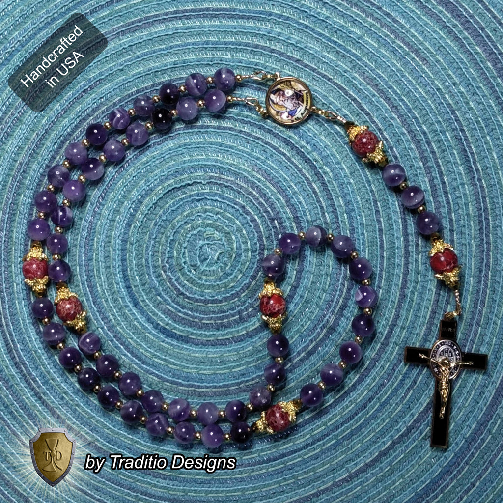 St. Augustine Limited Edition Royal Relic Rosary | 18K Gold & Onyx Black Gold | Sore Eyes, Sore Throats & Recovery from Vice | Amethyst & Emperor Jasper | 3rd Class Relic