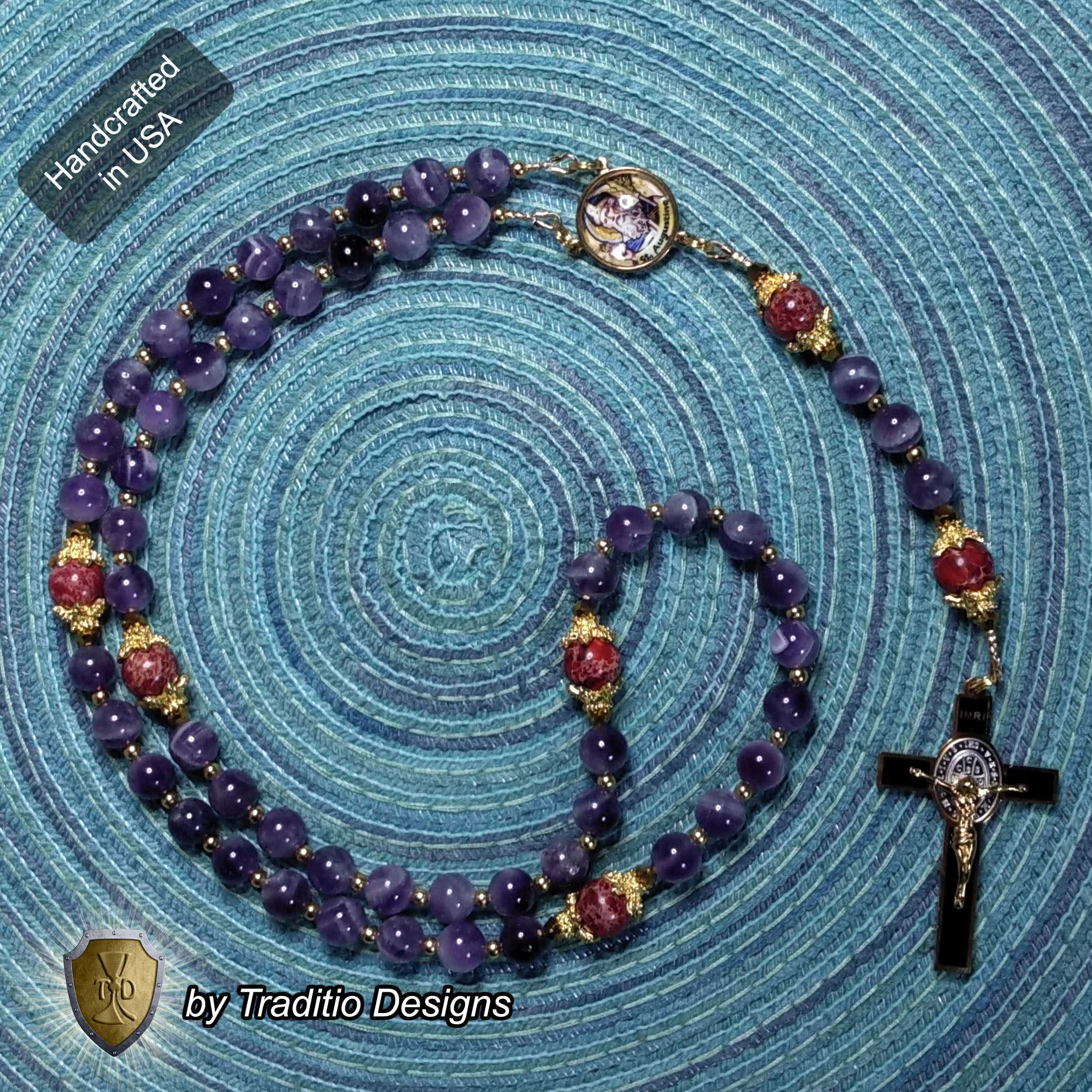 St. Augustine Limited Edition Royal Relic Rosary | 18K Gold & Onyx Black Gold | Sore Eyes, Sore Throats & Recovery from Vice | Amethyst & Emperor Jasper | 3rd Class Relic