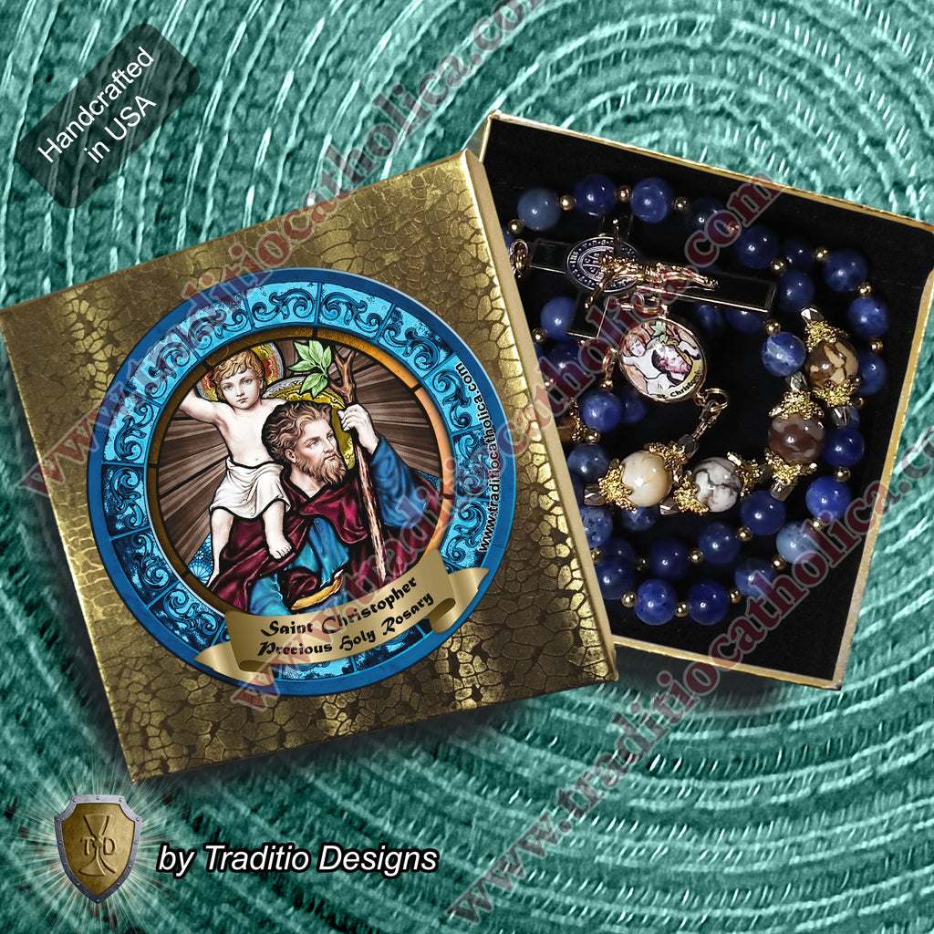 St. Christopher Limited Edition Royal Rosary | 18K Gold & Onyx Black Gold | Safety in Travel, Protection from Storms & Physical Strength | Sodalite & Zebra Stone