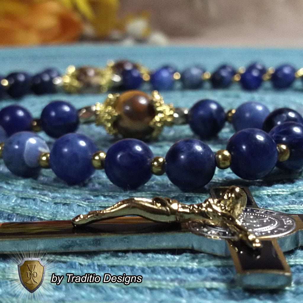 St. Christopher Limited Edition Royal Rosary | 18K Gold & Onyx Black Gold | Safety in Travel, Protection from Storms & Physical Strength | Sodalite & Zebra Stone