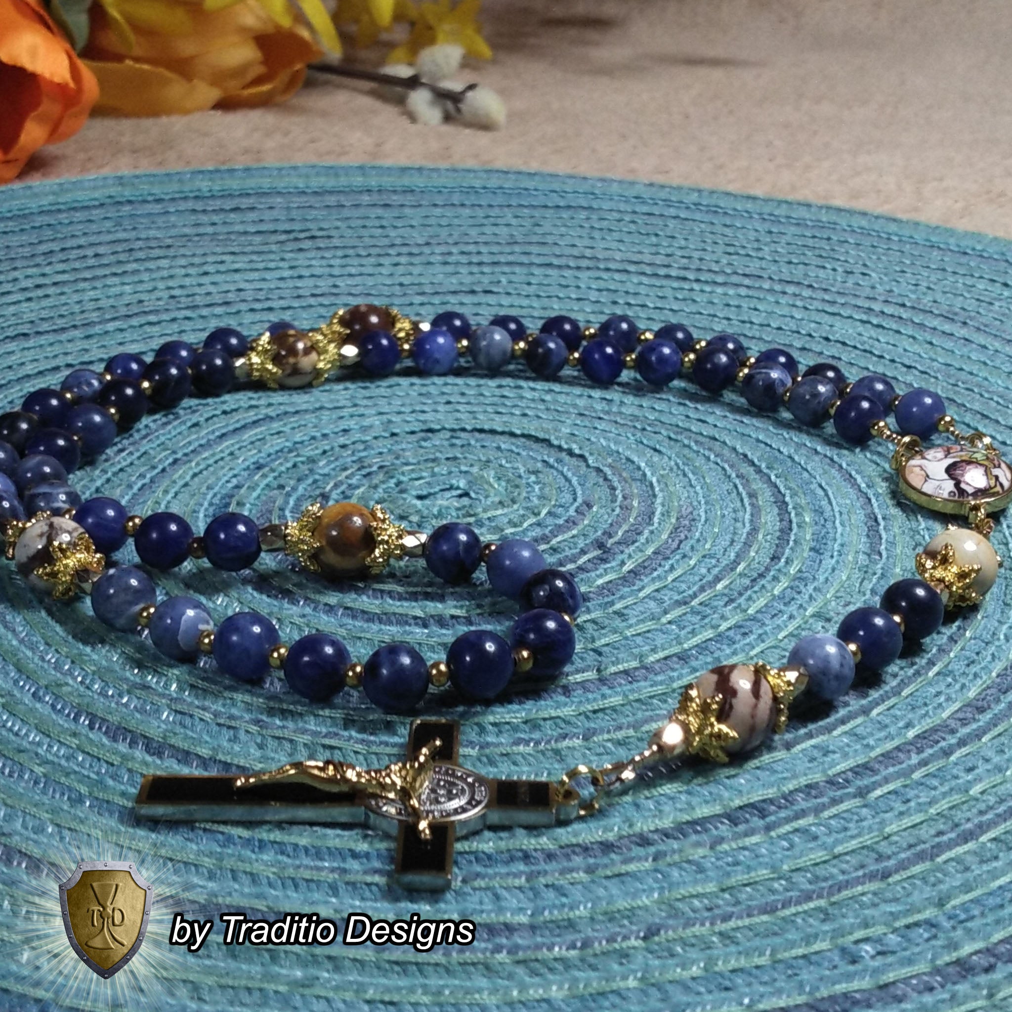 St. Christopher Limited Edition Royal Rosary | 18K Gold & Onyx Black Gold | Safety in Travel, Protection from Storms & Physical Strength | Sodalite & Zebra Stone