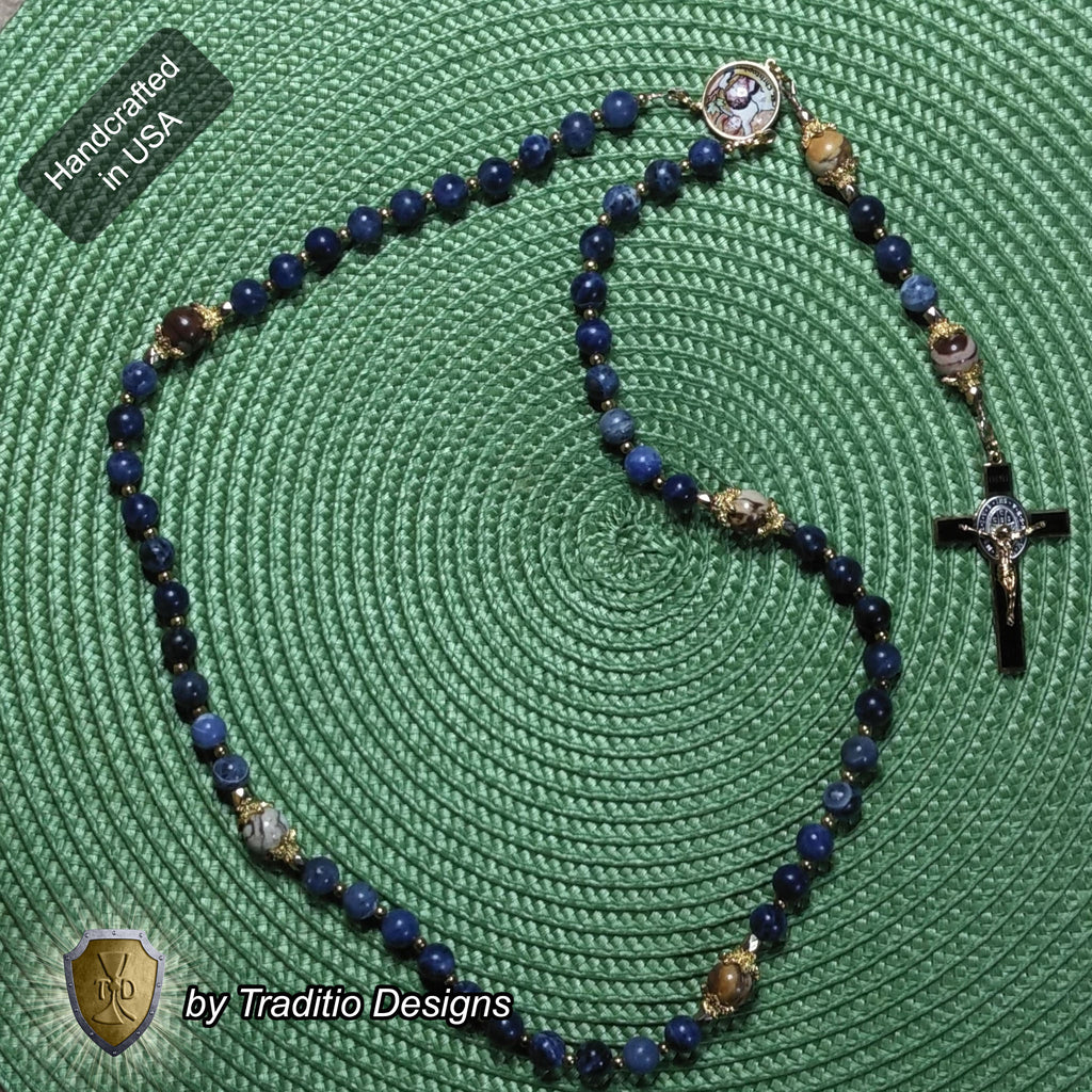 St. Christopher Limited Edition Royal Rosary | 18K Gold & Onyx Black Gold | Safety in Travel, Protection from Storms & Physical Strength | Sodalite & Zebra Stone
