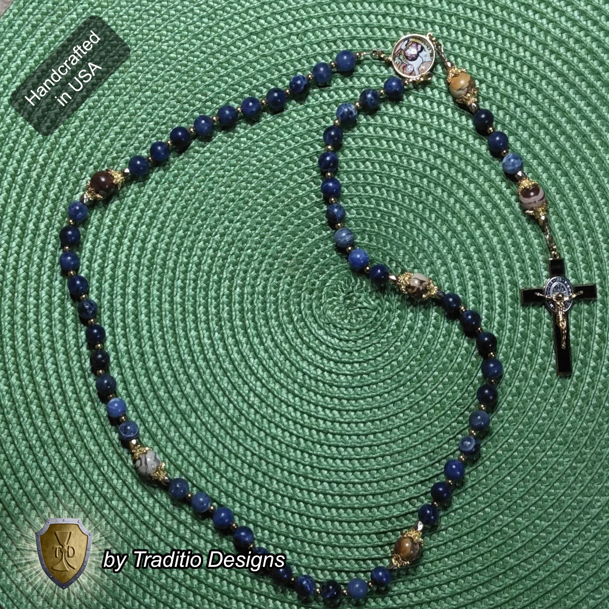 St. Christopher Limited Edition Royal Rosary | 18K Gold & Onyx Black Gold | Safety in Travel, Protection from Storms & Physical Strength | Sodalite & Zebra Stone