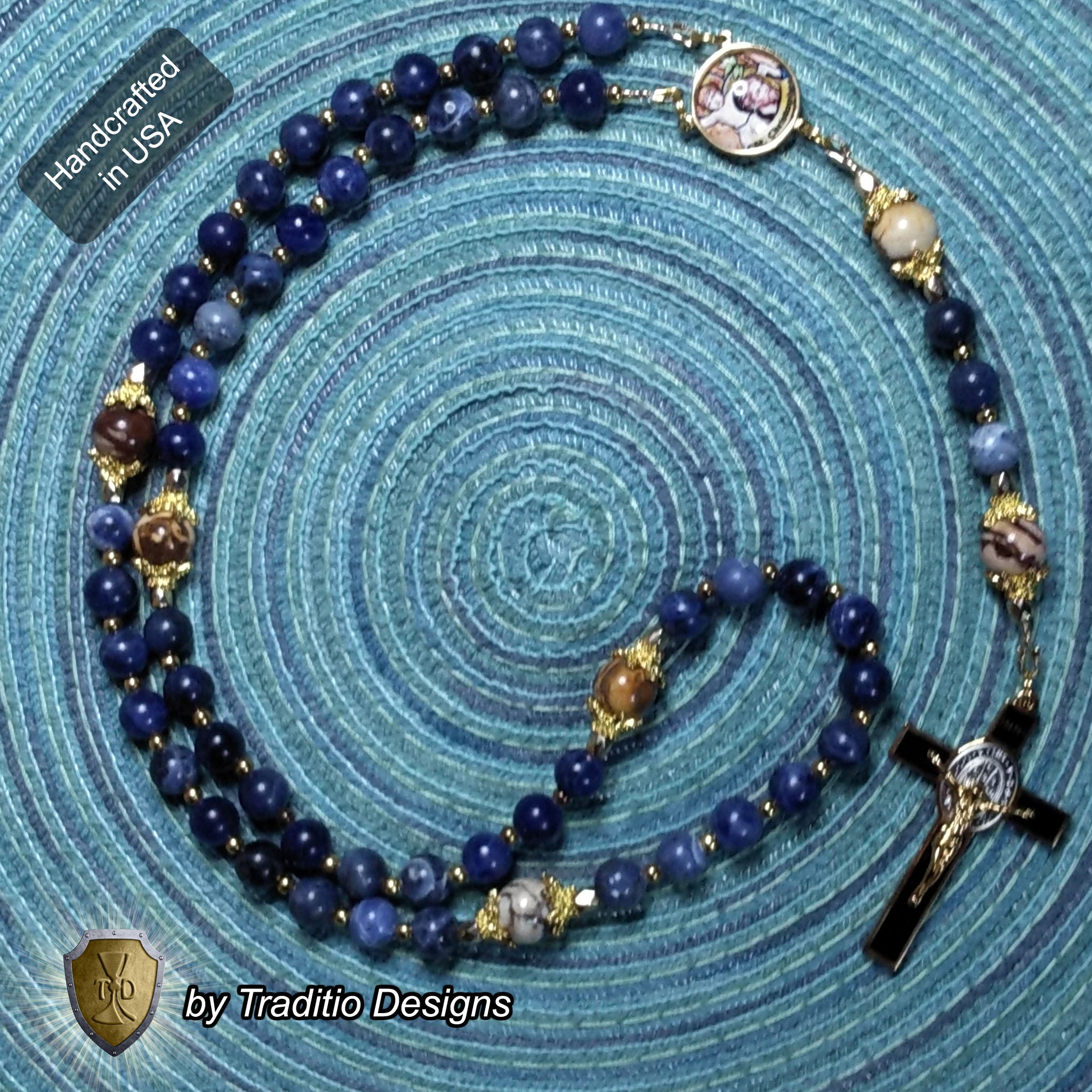St. Christopher Limited Edition Royal Rosary | 18K Gold & Onyx Black Gold | Safety in Travel, Protection from Storms & Physical Strength | Sodalite & Zebra Stone