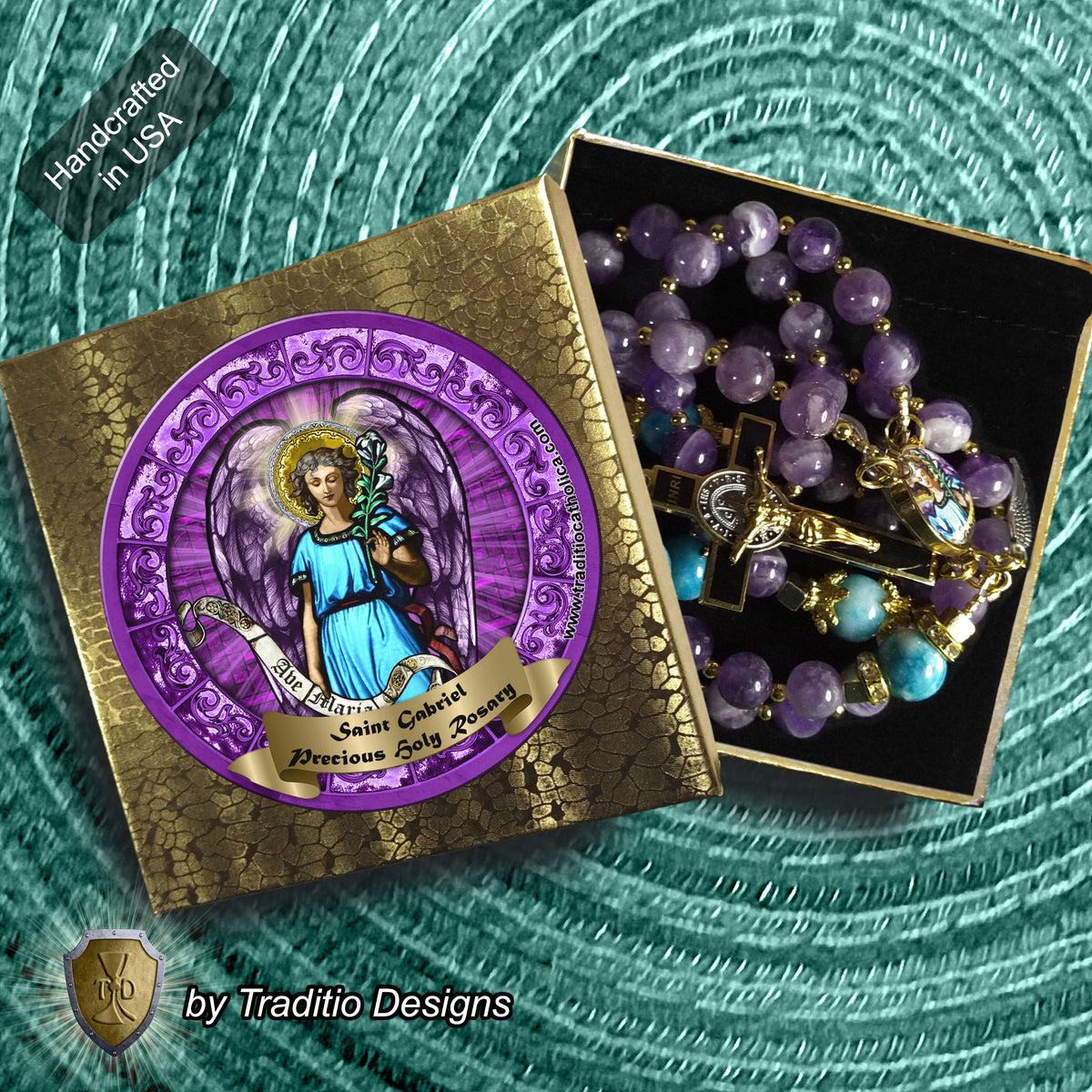 St. Gabriel the Archangel Limited Edition Royal Rosary | 18K Gold | Messenger of God & Strength of God | Amethyst & Larimar Quartz