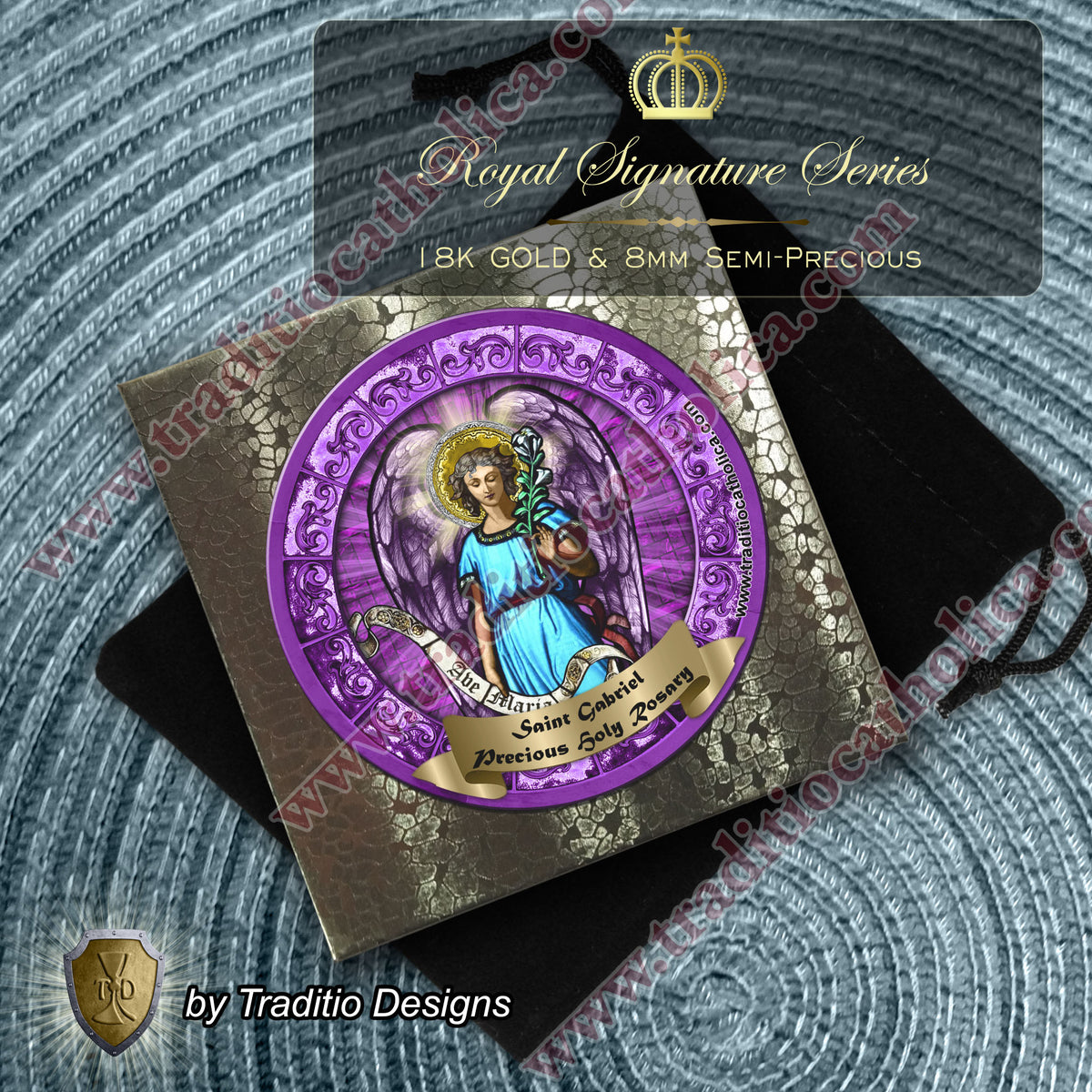 St. Gabriel the Archangel Limited Edition Royal Rosary | 18K Gold | Messenger of God & Strength of God | Amethyst & Larimar Quartz
