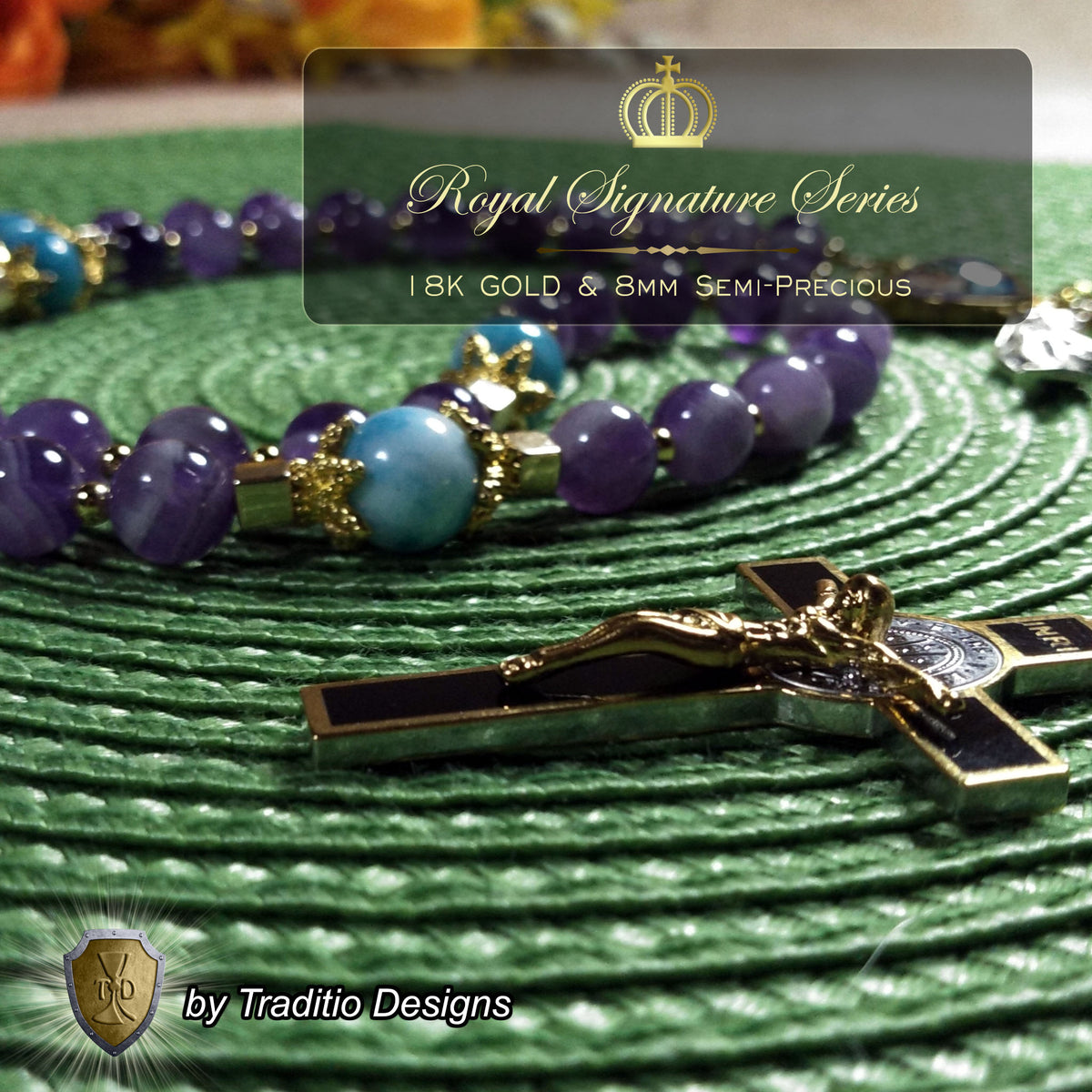 St. Gabriel the Archangel Limited Edition Royal Rosary | 18K Gold | Messenger of God & Strength of God | Amethyst & Larimar Quartz