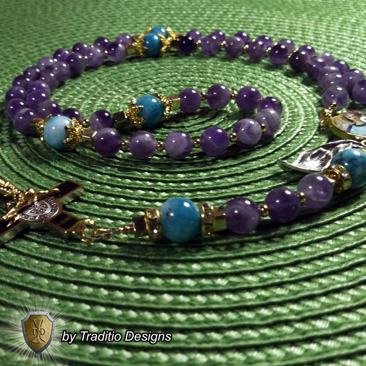 St. Gabriel the Archangel Limited Edition Royal Rosary | 18K Gold | Messenger of God & Strength of God | Amethyst & Larimar Quartz