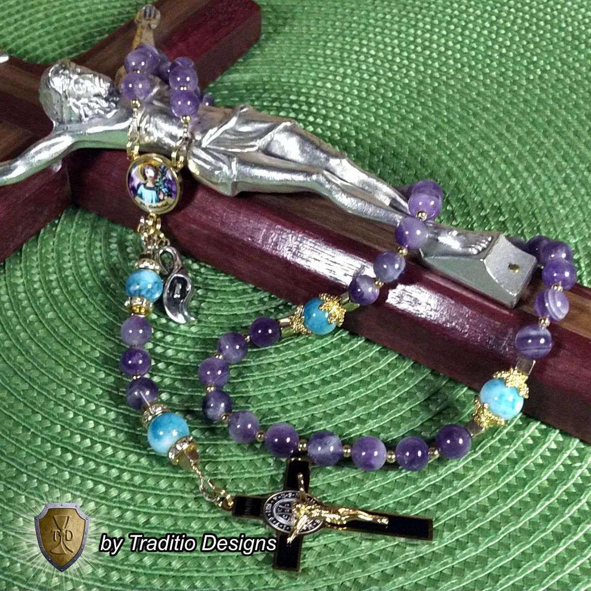 St. Gabriel the Archangel Limited Edition Royal Rosary | 18K Gold | Messenger of God & Strength of God | Amethyst & Larimar Quartz