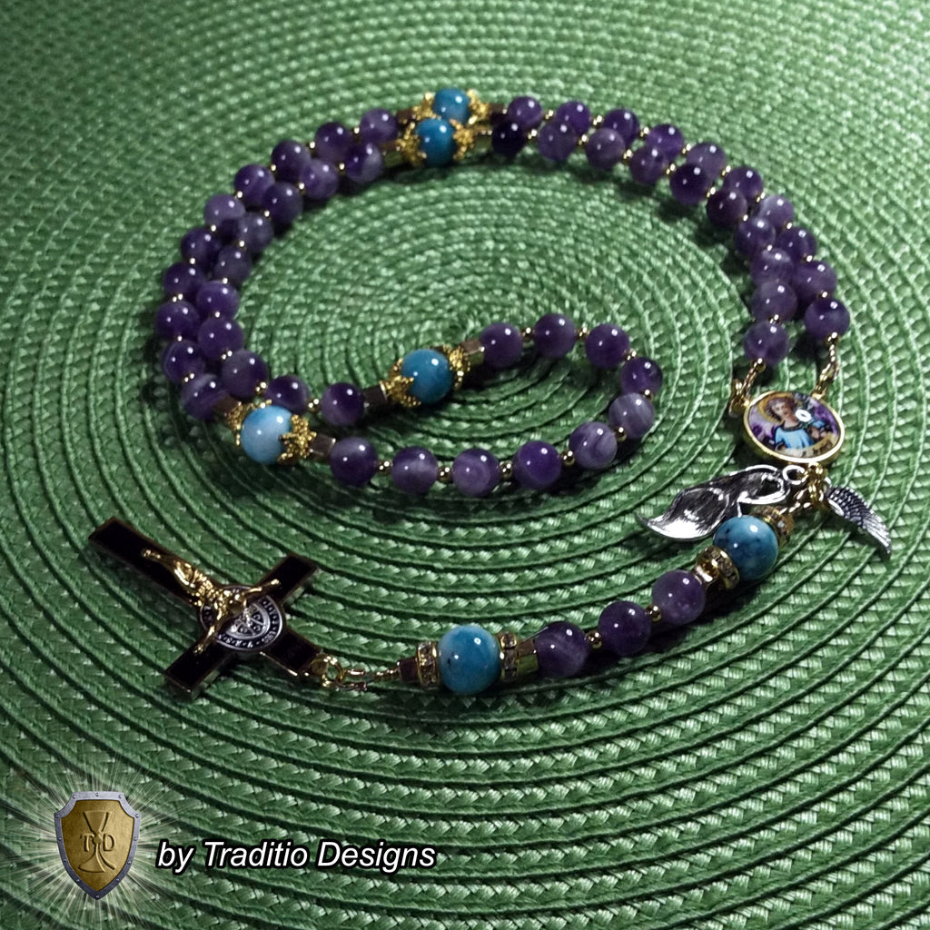 St. Gabriel the Archangel Limited Edition Royal Rosary | 18K Gold | Messenger of God & Strength of God | Amethyst & Larimar Quartz