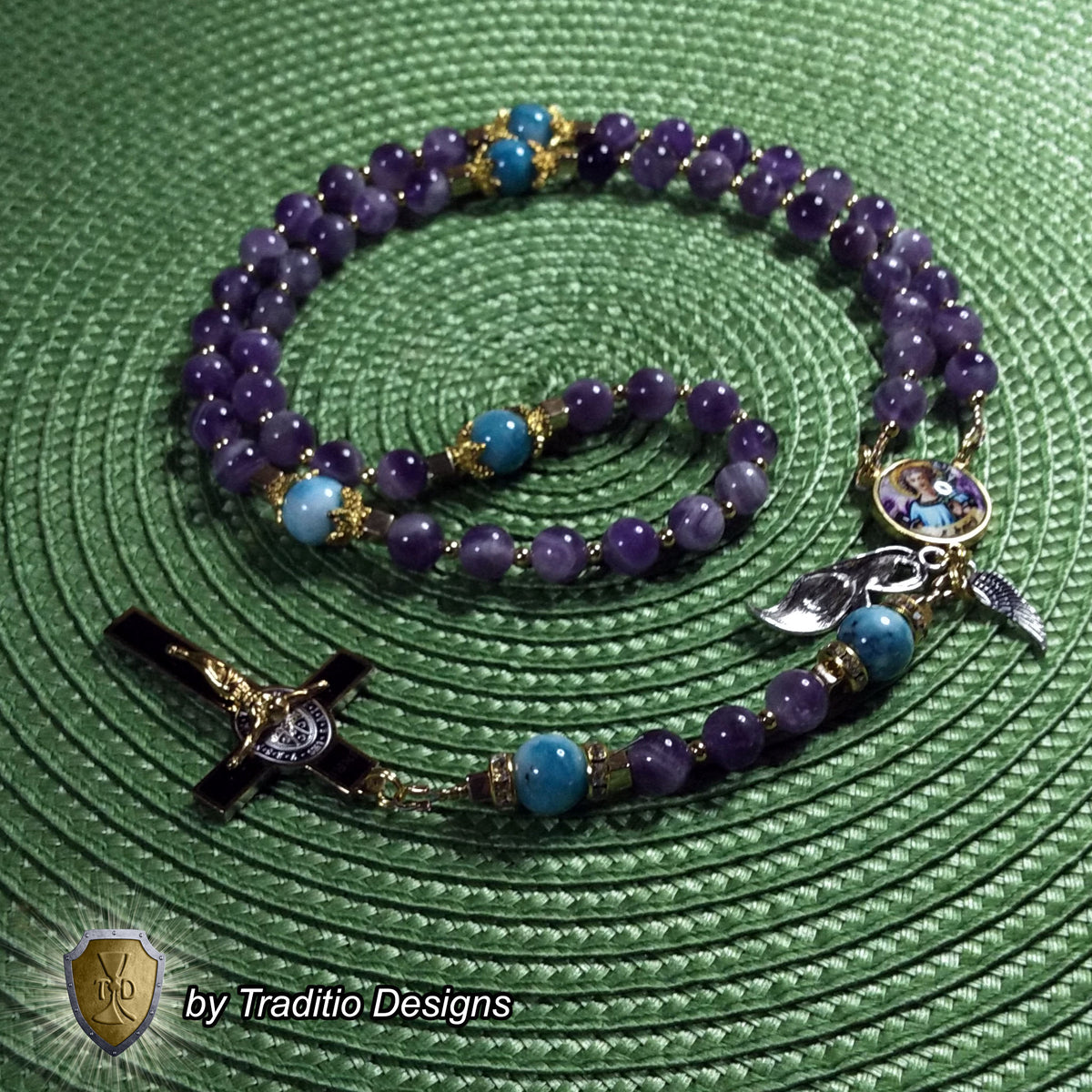 St. Gabriel the Archangel Limited Edition Royal Rosary | 18K Gold | Messenger of God & Strength of God | Amethyst & Larimar Quartz