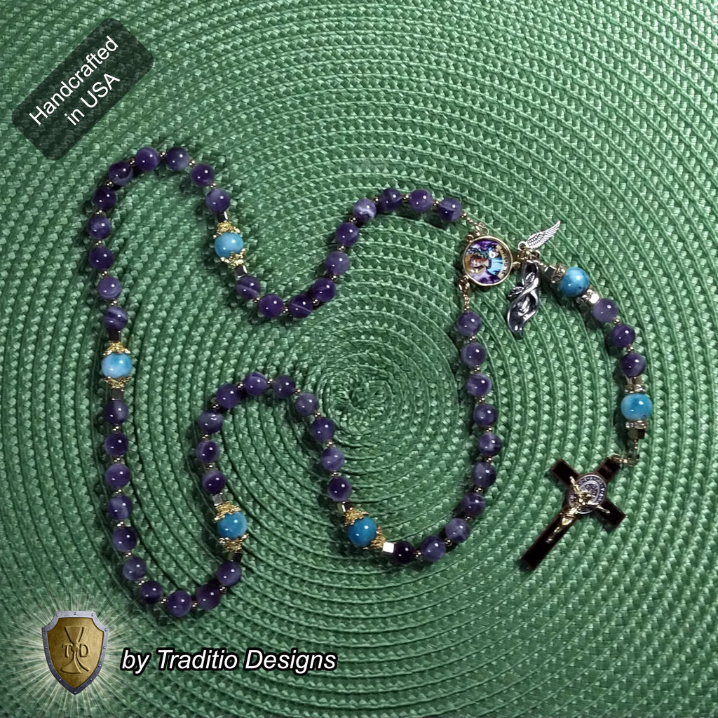 St. Gabriel the Archangel Limited Edition Royal Rosary | 18K Gold | Messenger of God & Strength of God | Amethyst & Larimar Quartz