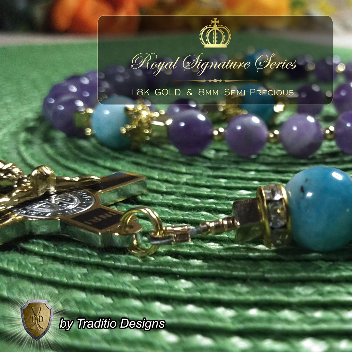 St. Gabriel the Archangel Limited Edition Royal Rosary | 18K Gold | Messenger of God & Strength of God | Amethyst & Larimar Quartz