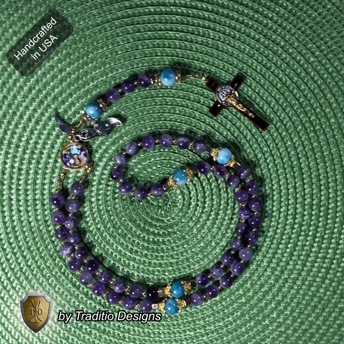 St. Gabriel the Archangel Limited Edition Royal Rosary | 18K Gold | Messenger of God & Strength of God | Amethyst & Larimar Quartz