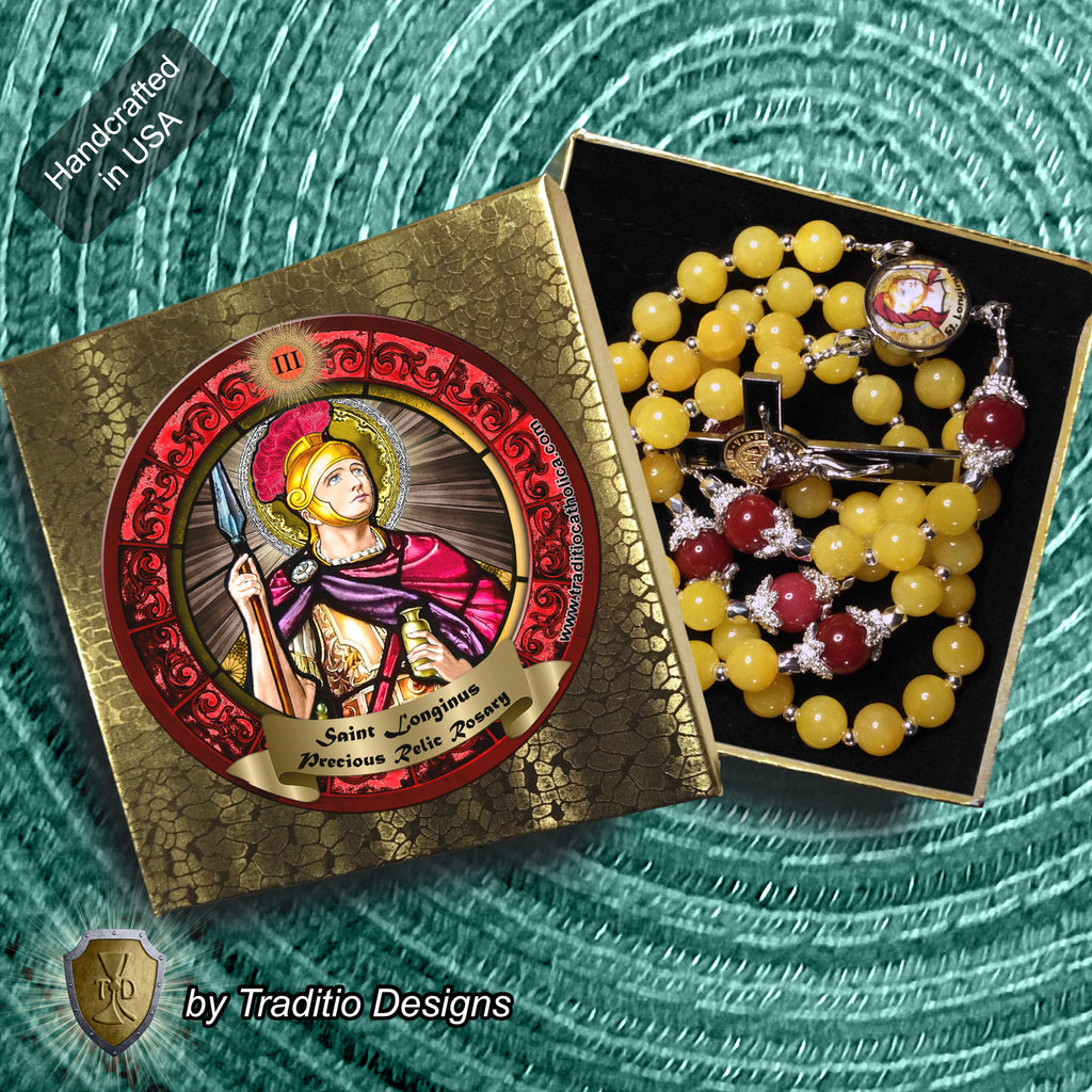 St. Longinus Limited Edition Royal Relic Rosary | 18K Gold & Silver Steel | Healing of Blindness, Eye Disease & Speech | Gold & Ruby Jade | 3rd Class Relic