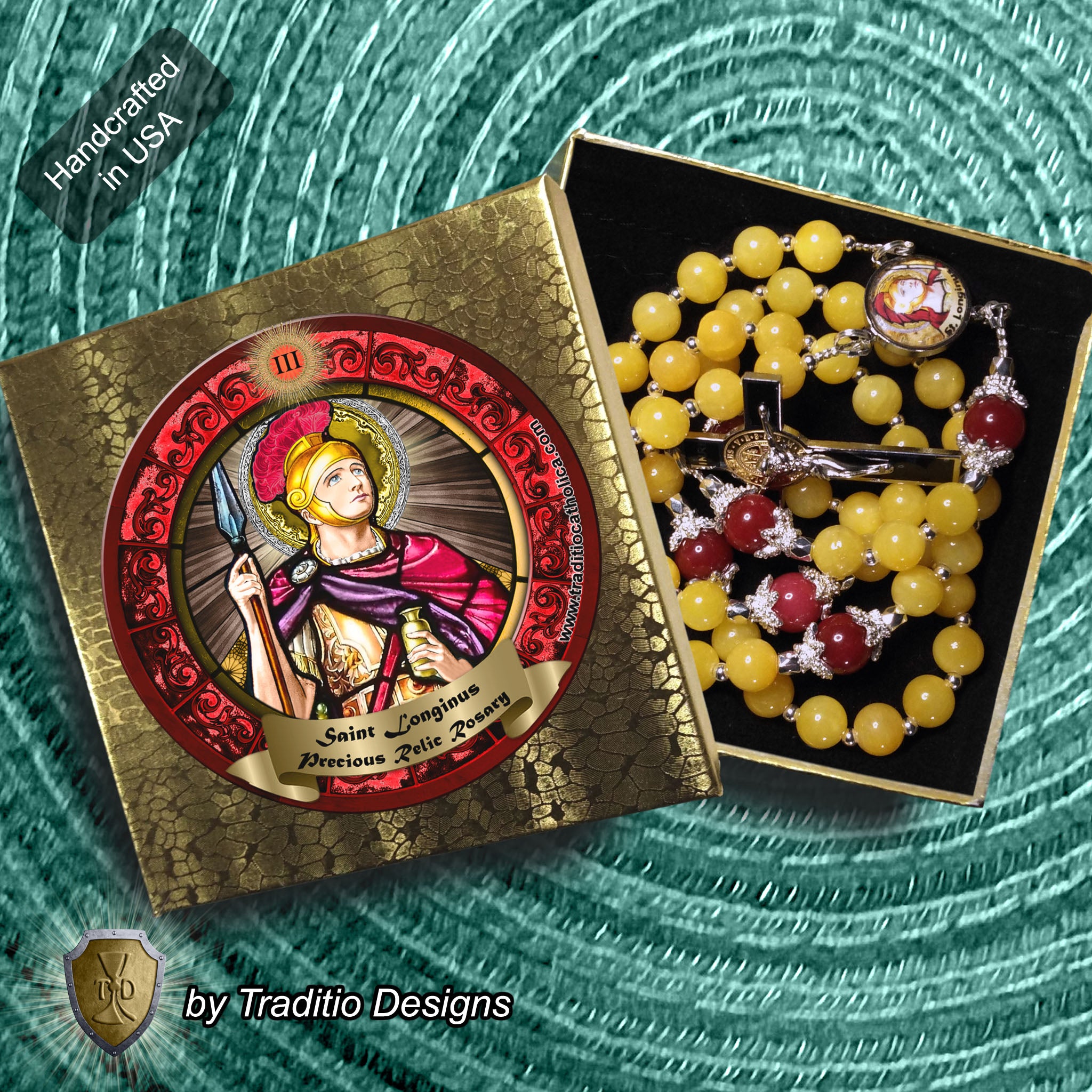 St. Longinus Limited Edition Royal Relic Rosary | 18K Gold & Silver Steel | Healing of Blindness, Eye Disease & Speech | Gold & Ruby Jade | 3rd Class Relic