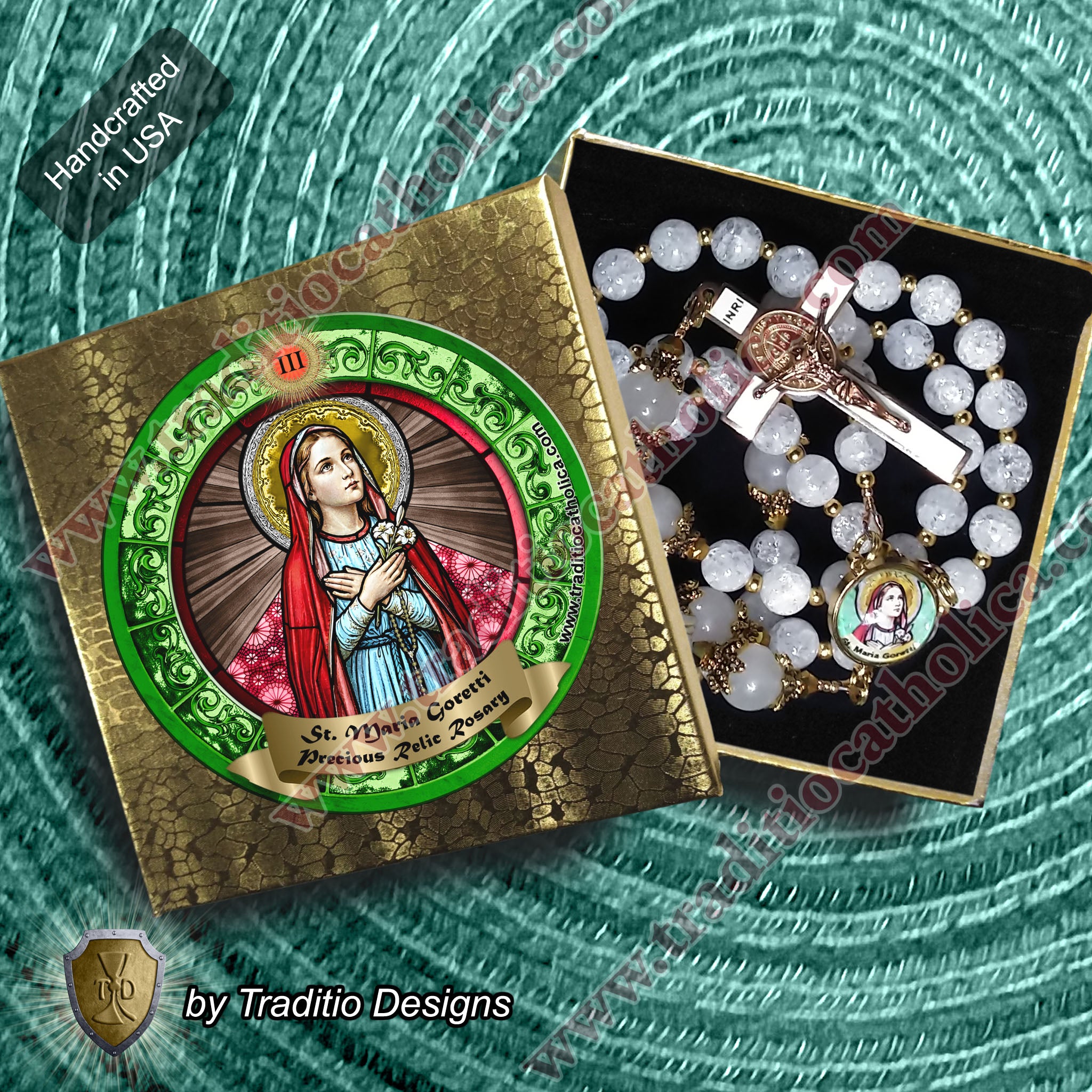 St. Maria Goretti Limited Edition Royal Relic Rosary | 18K Rose & Alabaster White Gold | Purity & Forgiveness | Cracked Crystal & White Jade | 3rd Class Relic