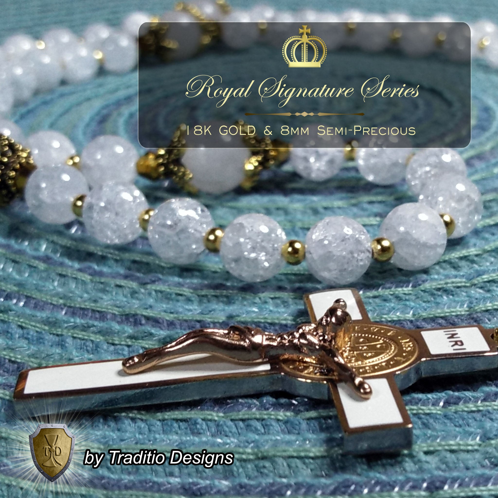 St. Maria Goretti Limited Edition Royal Relic Rosary | 18K Rose & Alabaster White Gold | Purity & Forgiveness | Cracked Crystal & White Jade | 3rd Class Relic