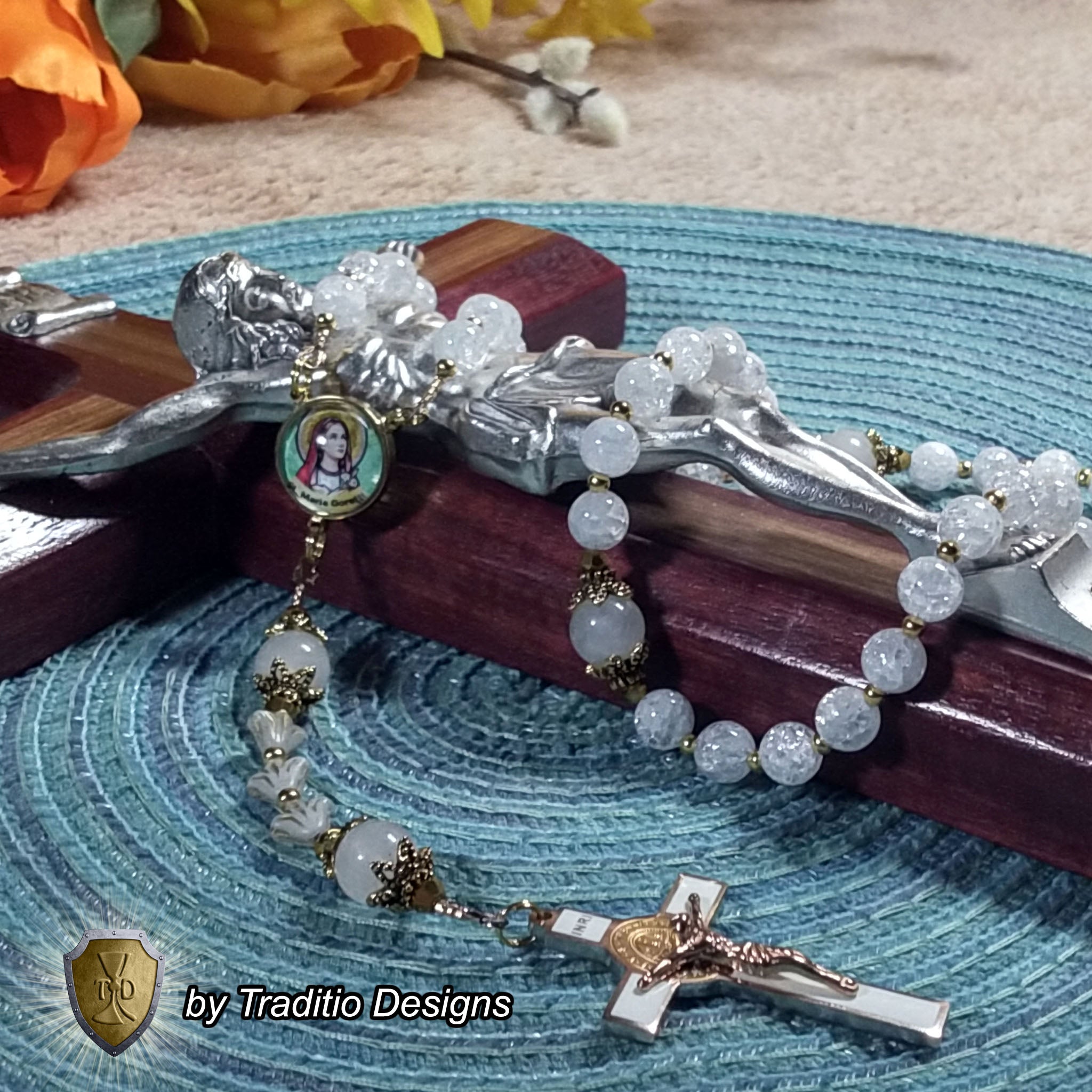 St. Maria Goretti Limited Edition Royal Relic Rosary | 18K Rose & Alabaster White Gold | Purity & Forgiveness | Cracked Crystal & White Jade | 3rd Class Relic