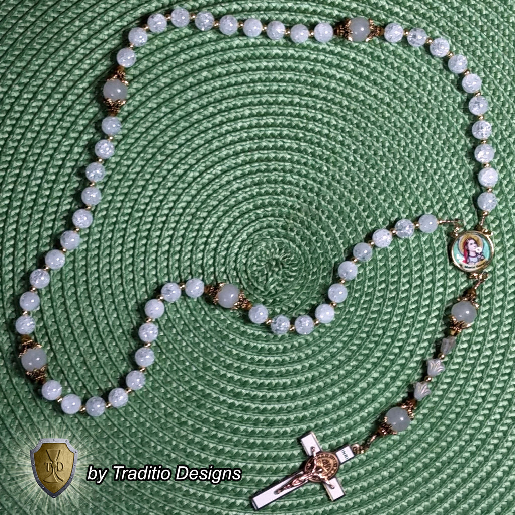 St. Maria Goretti Limited Edition Royal Relic Rosary | 18K Rose & Alabaster White Gold | Purity & Forgiveness | Cracked Crystal & White Jade | 3rd Class Relic