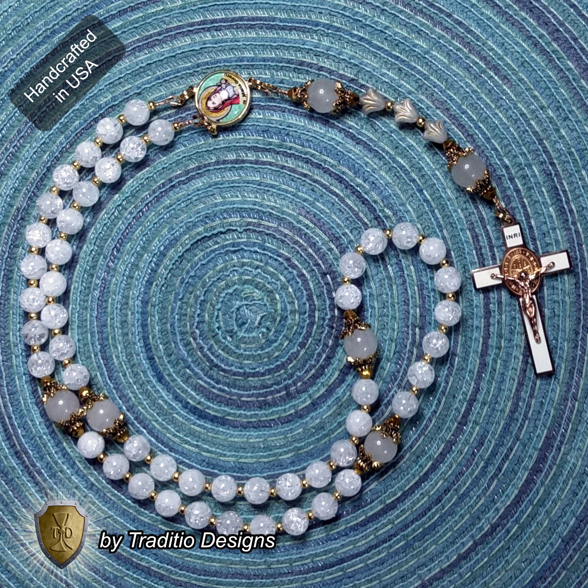 St. Maria Goretti Limited Edition Royal Relic Rosary | 18K Rose & Alabaster White Gold | Purity & Forgiveness | Cracked Crystal & White Jade | 3rd Class Relic