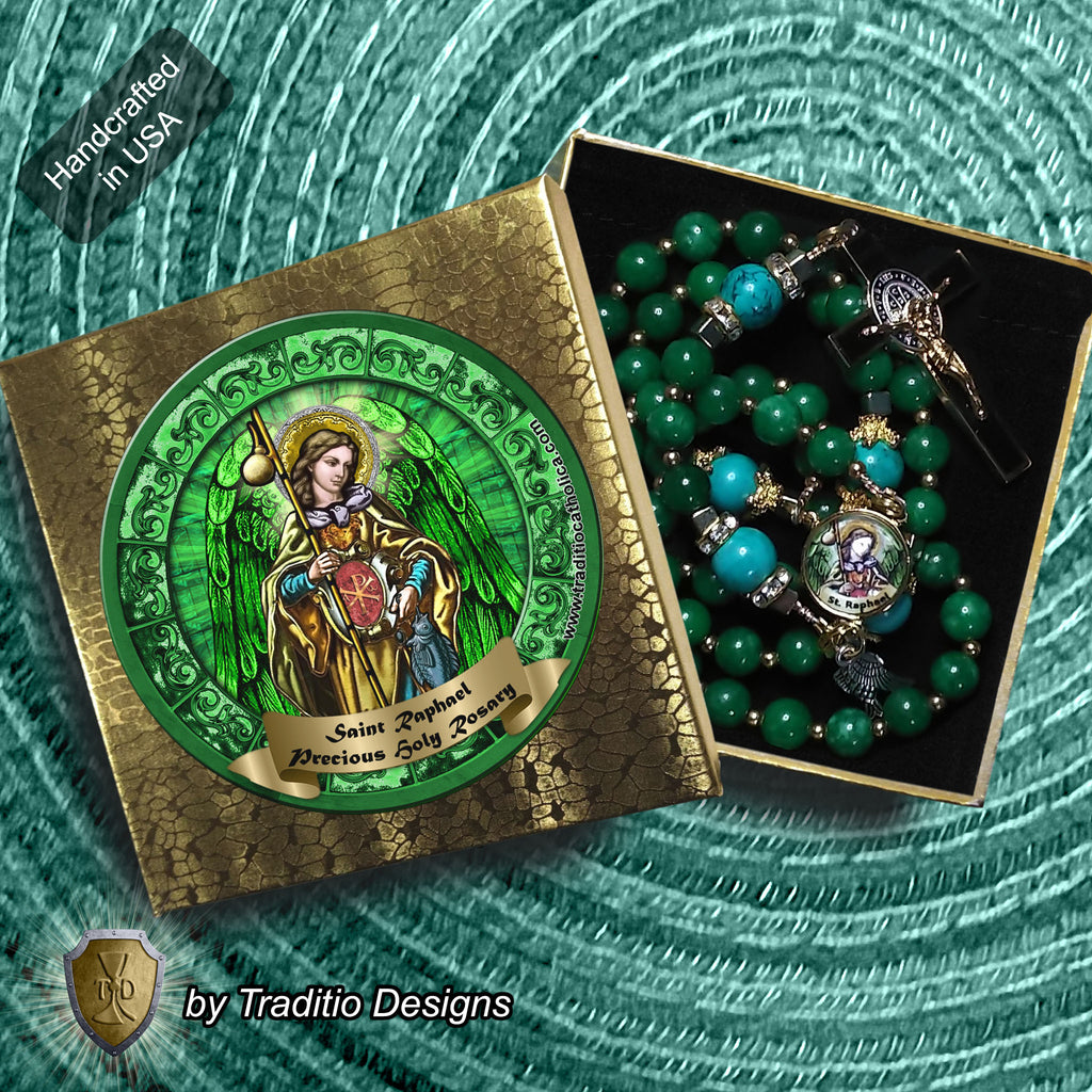 St. Raphael the Archangel Limited Edition Royal Rosary | 18K Gold & Onyx Black Gold | Healing of Body, Restoration of Sight & Safe Travel | Green Jade & Turquoise