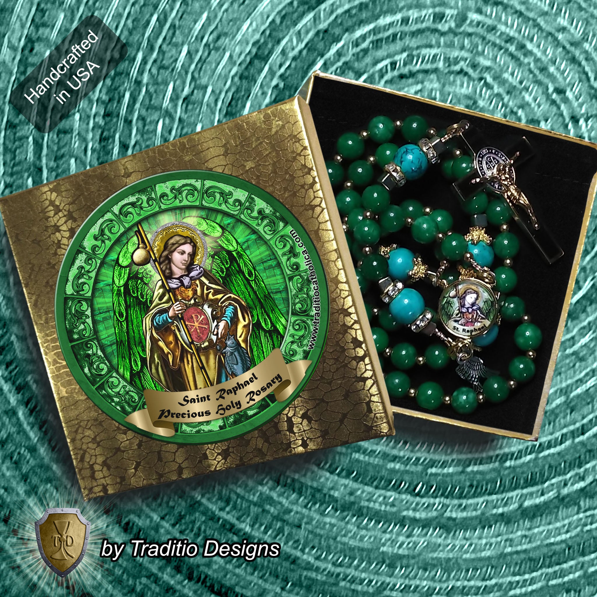 St. Raphael the Archangel Limited Edition Royal Rosary | 18K Gold & Onyx Black Gold | Healing of Body, Restoration of Sight & Safe Travel | Green Jade & Turquoise