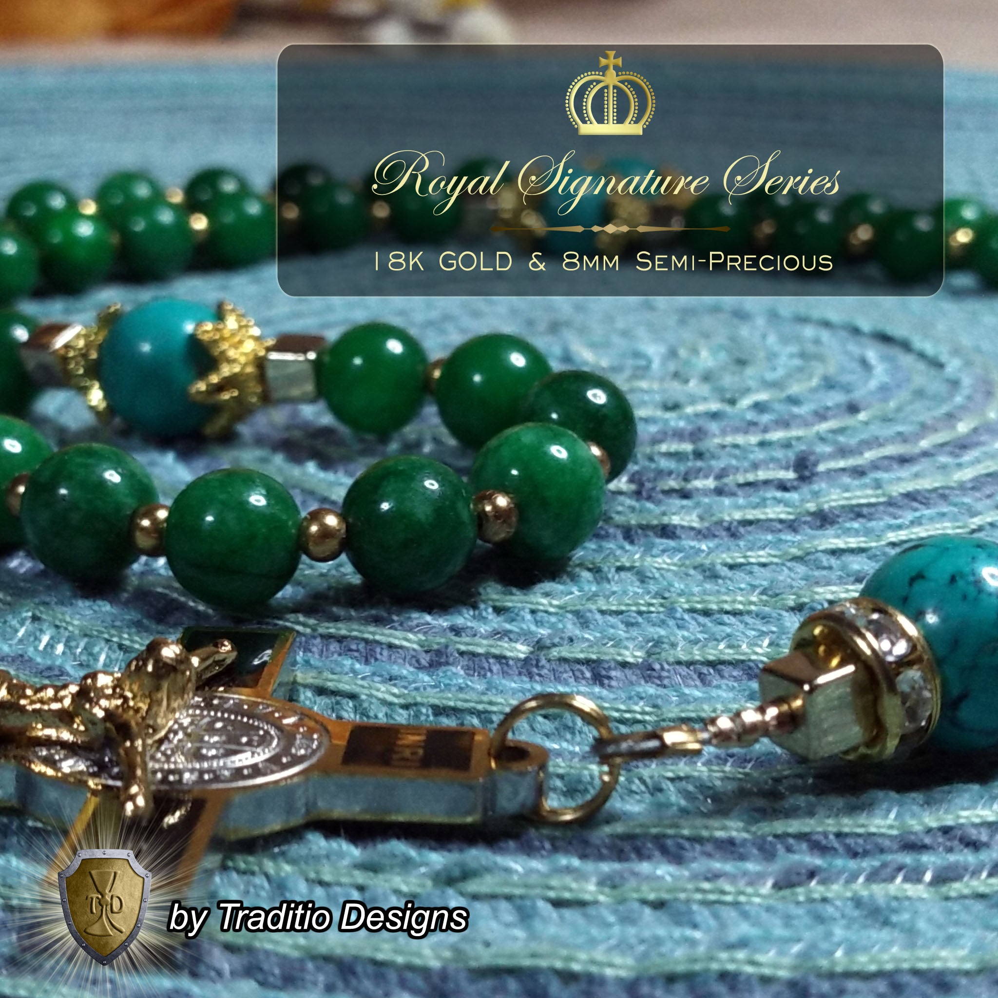 St. Raphael the Archangel Limited Edition Royal Rosary | 18K Gold & Onyx Black Gold | Healing of Body, Restoration of Sight & Safe Travel | Green Jade & Turquoise