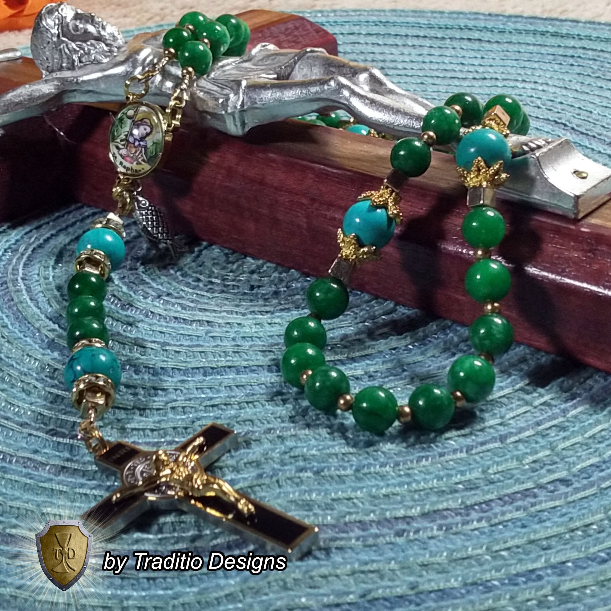 St. Raphael the Archangel Limited Edition Royal Rosary | 18K Gold & Onyx Black Gold | Healing of Body, Restoration of Sight & Safe Travel | Green Jade & Turquoise