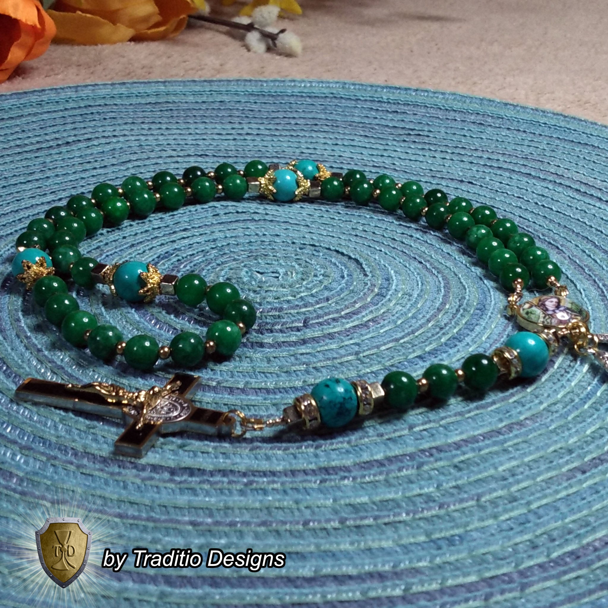 St. Raphael the Archangel Limited Edition Royal Rosary | 18K Gold & Onyx Black Gold | Healing of Body, Restoration of Sight & Safe Travel | Green Jade & Turquoise
