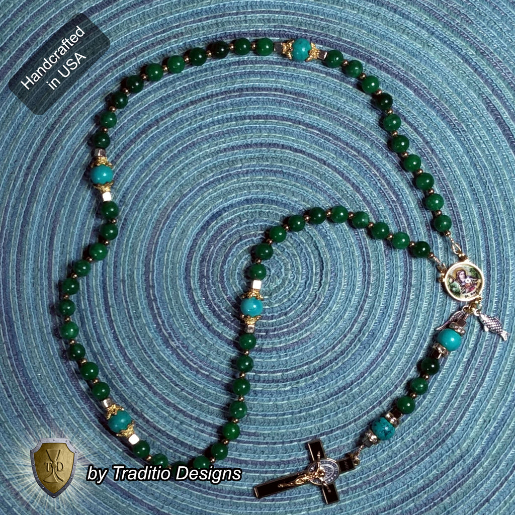 St. Raphael the Archangel Limited Edition Royal Rosary | 18K Gold & Onyx Black Gold | Healing of Body, Restoration of Sight & Safe Travel | Green Jade & Turquoise