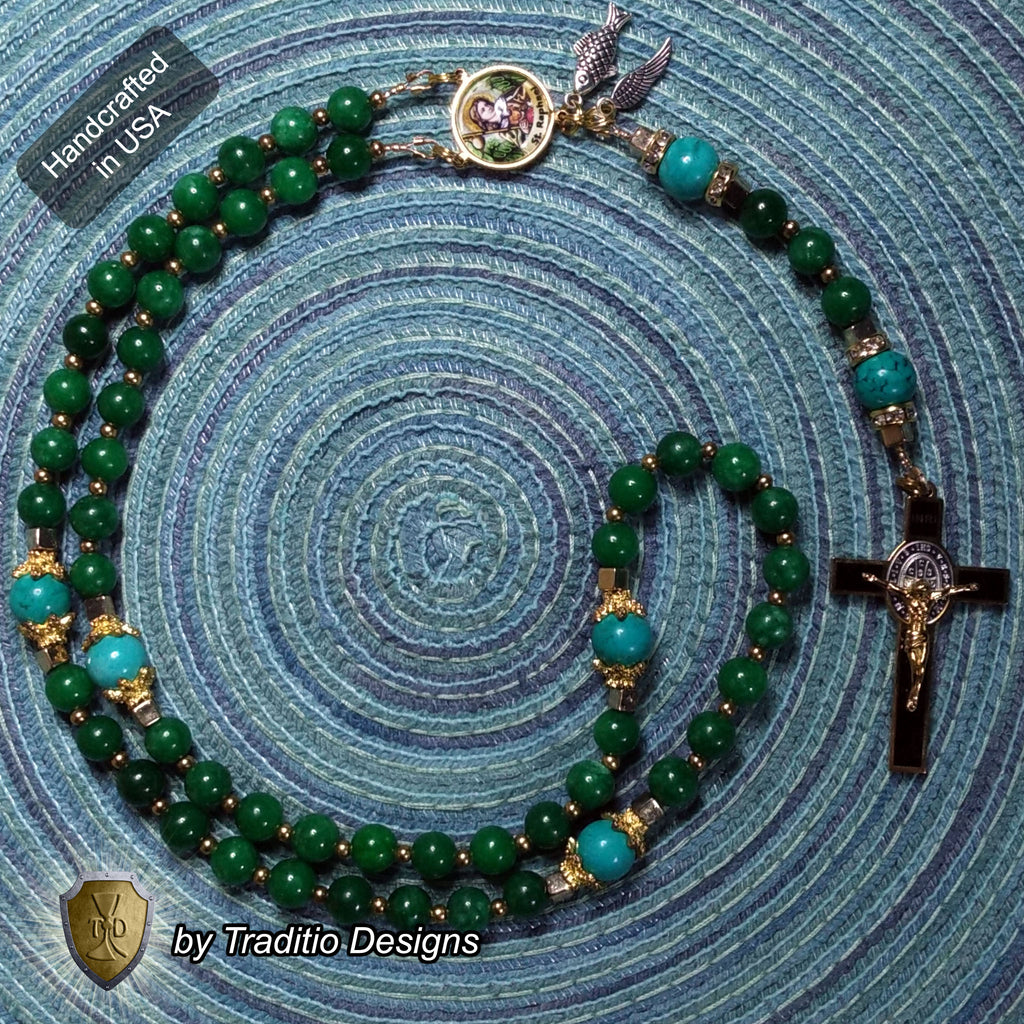St. Raphael the Archangel Limited Edition Royal Rosary | 18K Gold & Onyx Black Gold | Healing of Body, Restoration of Sight & Safe Travel | Green Jade & Turquoise