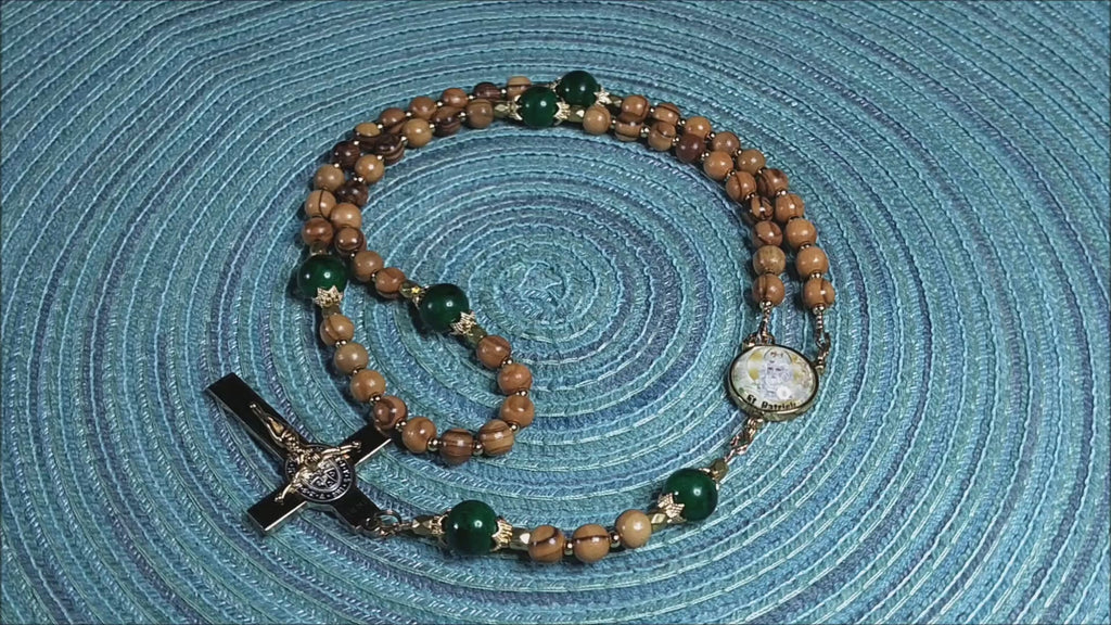 St. Patrick Limited Edition Classic Rosary | Protection Against Snakes, Engineers & Paralegals | 18K Gold & Bethlehem Olive Wood | Green Jade