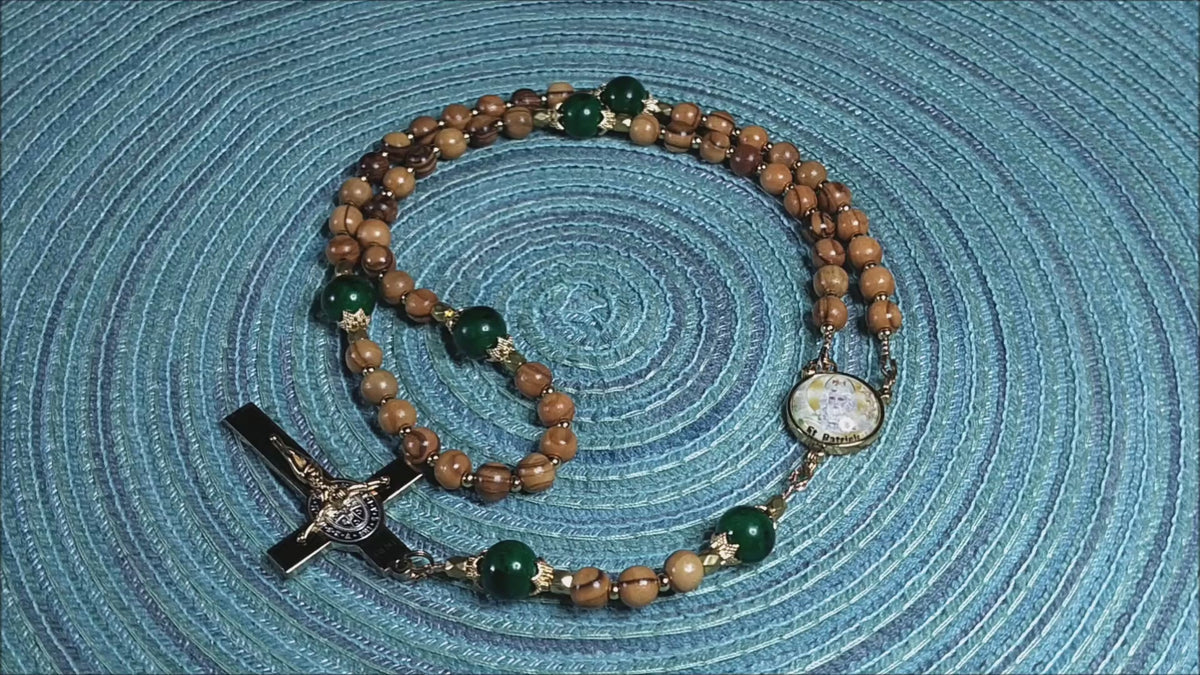 St. Patrick Limited Edition Classic Rosary | Protection Against Snakes, Engineers & Paralegals | 18K Gold & Bethlehem Olive Wood | Green Jade