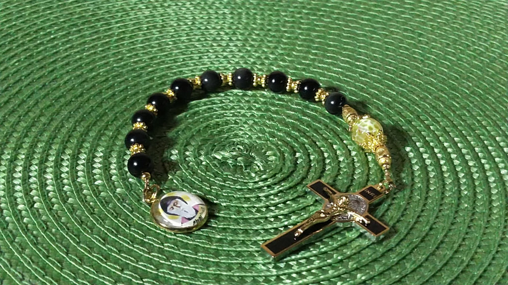 St. Charbel Limited Edition Royal Decade Relic Rosary | General Healing, Miraculous Intercession & Lebanon | 18K Gold | Rainbow Black Obsidian & Yellow Agate | 3rd Class Relic