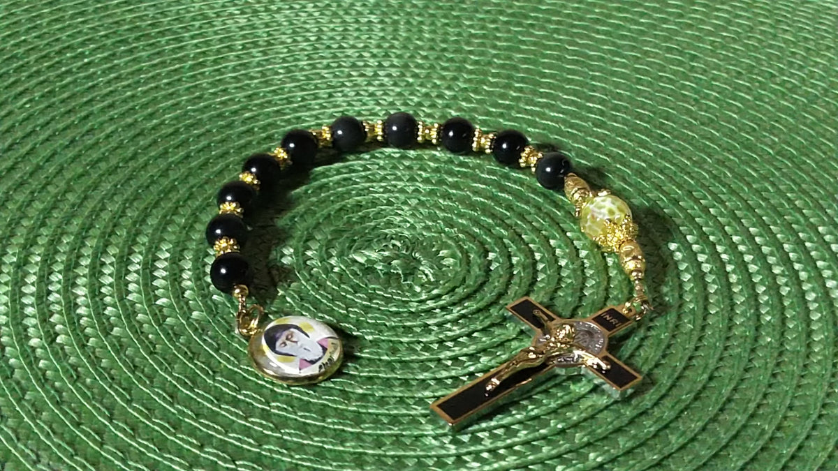 St. Charbel Limited Edition Royal Decade Relic Rosary | General Healing, Miraculous Intercession & Lebanon | 18K Gold | Rainbow Black Obsidian & Yellow Agate | 3rd Class Relic