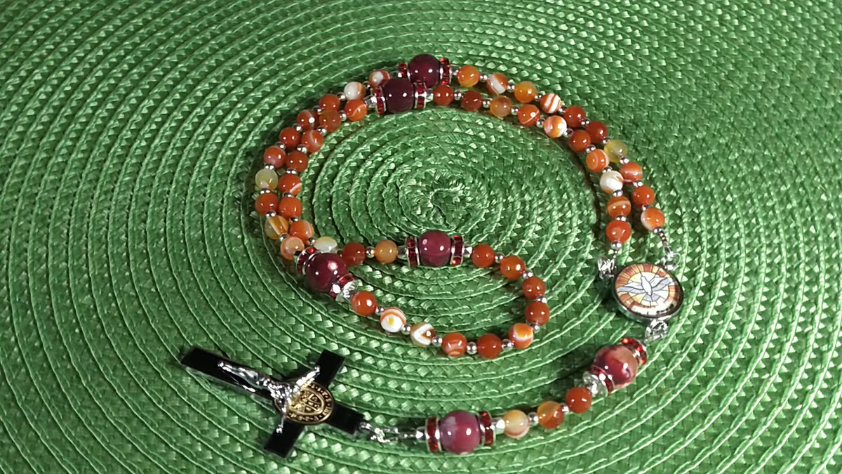 Holy Ghost Limited Edition Majestic Rosary | Wisdom, Counsel, Seven Gifts & Fruits of the Spirit | 18K Gold & Silver | Red Stripe Carnelian & Fire Agate