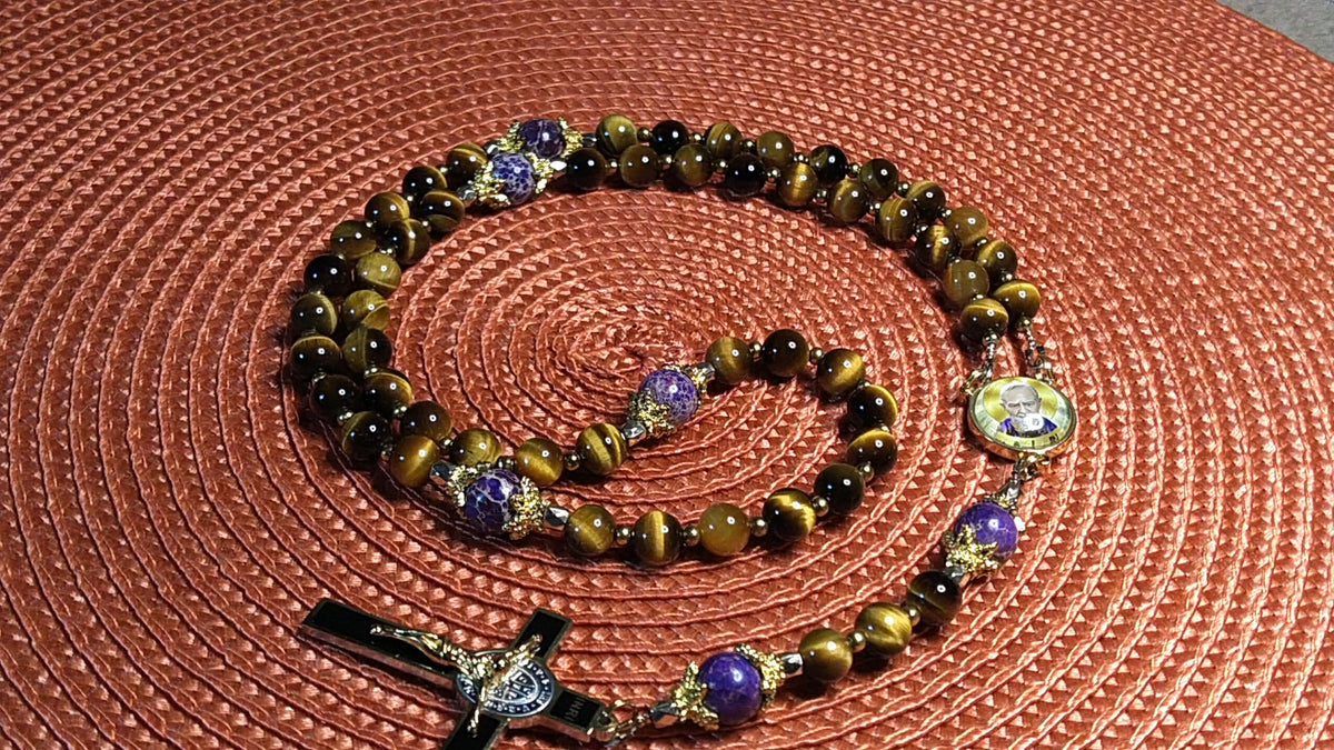 St. Padre Pio Limited Edition Royal Relic Rosary | 18K Gold Plated | Physical & Mental Healing, Stress Relief & Confessors | Tiger's Eye & Purple Emperor Jasper | 3rd Class Relic