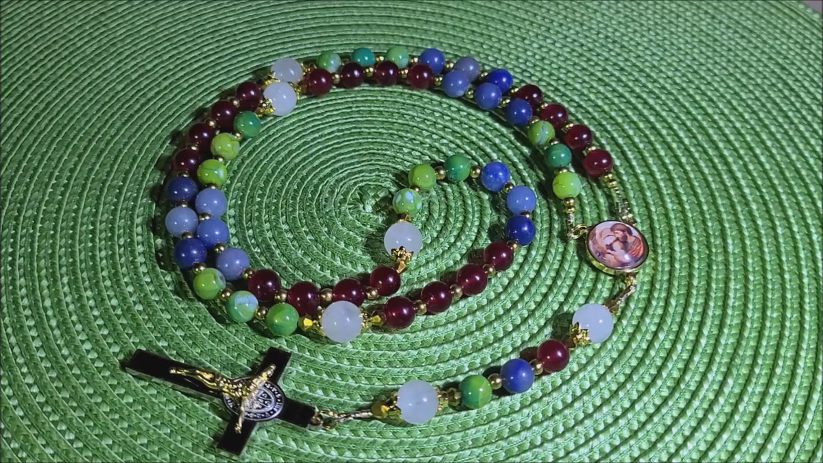 Holy Family Limited Edition Royal Relic Rosary | 18K Gold Hardware | Protection, Domestic Peace & Divine Guidance | Red Jade, Blue Aventurine & Green Fire Agate | 3rd Class Relic