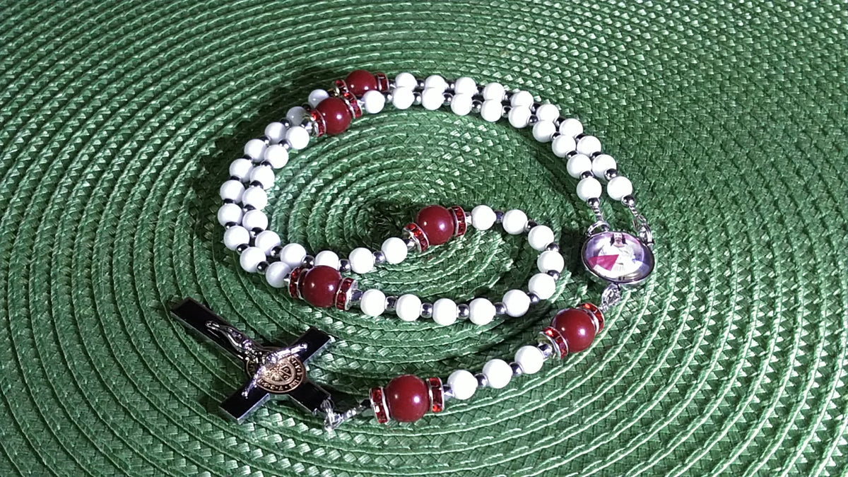 Divine Mercy Limited Edition Majestic Relic Rosary | 18K Gold Plated Accent | Divine Mercy Chaplet, Trust & Spiritual Healing | White Alabaster & Ruby Red Jade | 3rd Class Relic