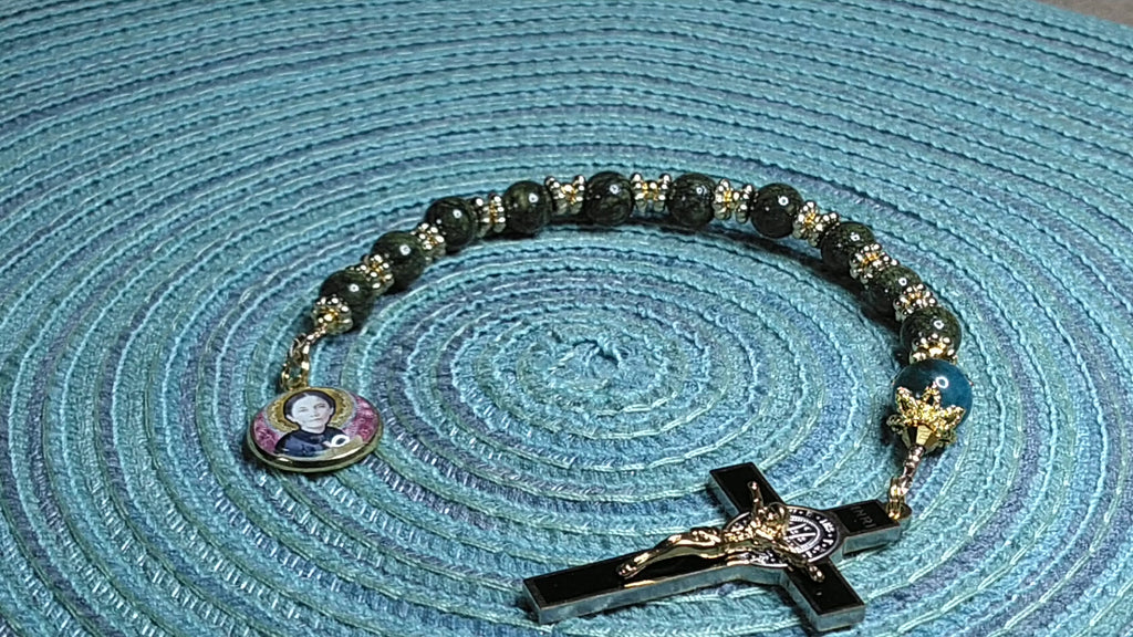 St. Gemma Galgani Limited Edition Decade Relic Rosary | 18K Gold | Green Snowflake Obsidian & Amazonite | 3rd Class Relic