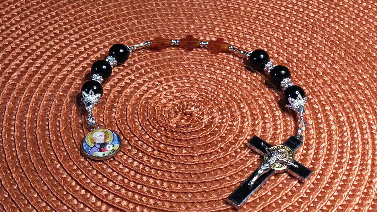 St. Camillus de Lellis Royal Limited Edition Relic Chaplet | 18K Gold Plated Crucifix | Healing of Sickness & Leg Injuries | Black Onyx & Carnelian Stones | 3rd Class Relic | Includes Instruction Prayer Card