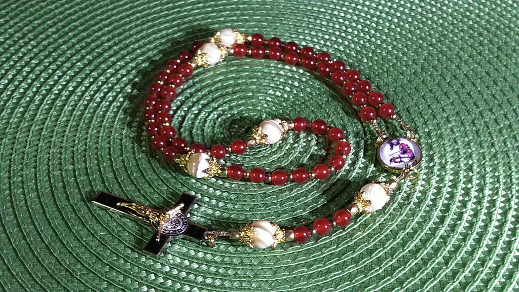 Ecce Homo Limited Edition Majestic Relic Rosary | 18K Gold Plated | Physical & Spiritual Healing, Strength & Salvation | Red Jade & Mother of Pearl | 3rd Class Relic