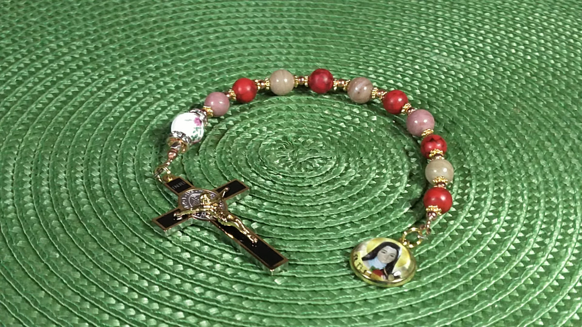St. Thérèse of Lisieux Limited Edition Royal Decade Relic Rosary | Missionaries, Florists, Loss of Parents & Illness | 18K Gold | Rhodochrosite & Porcelain Roses | 3rd Class Relic