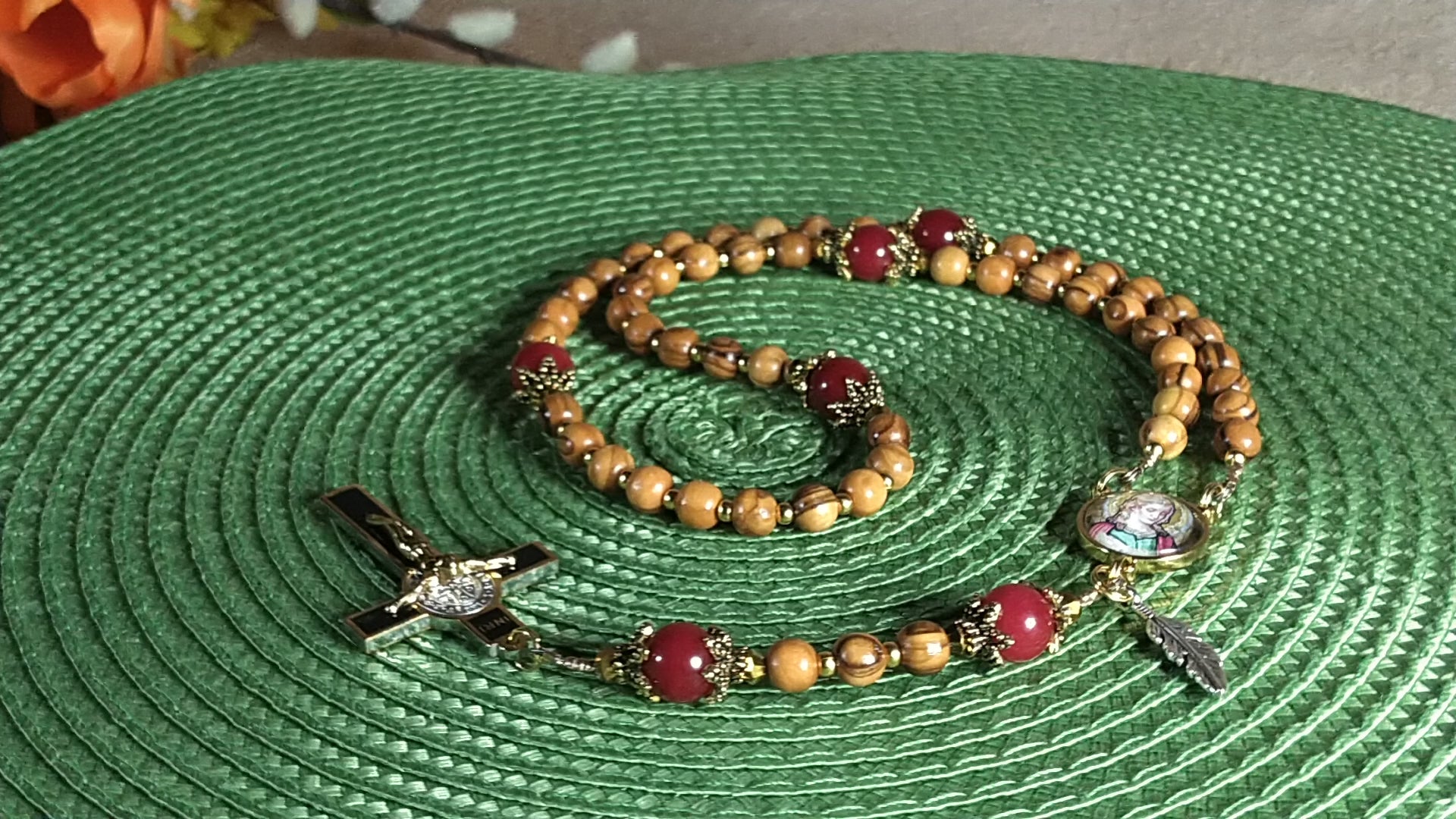St. John the Evangelist Limited Edition Classic Relic Rosary | 18K Gold & Bethlehem Olive Wood | Burns, Epilepsy & Protection | Ruby Red Jade | 3rd Class Relic