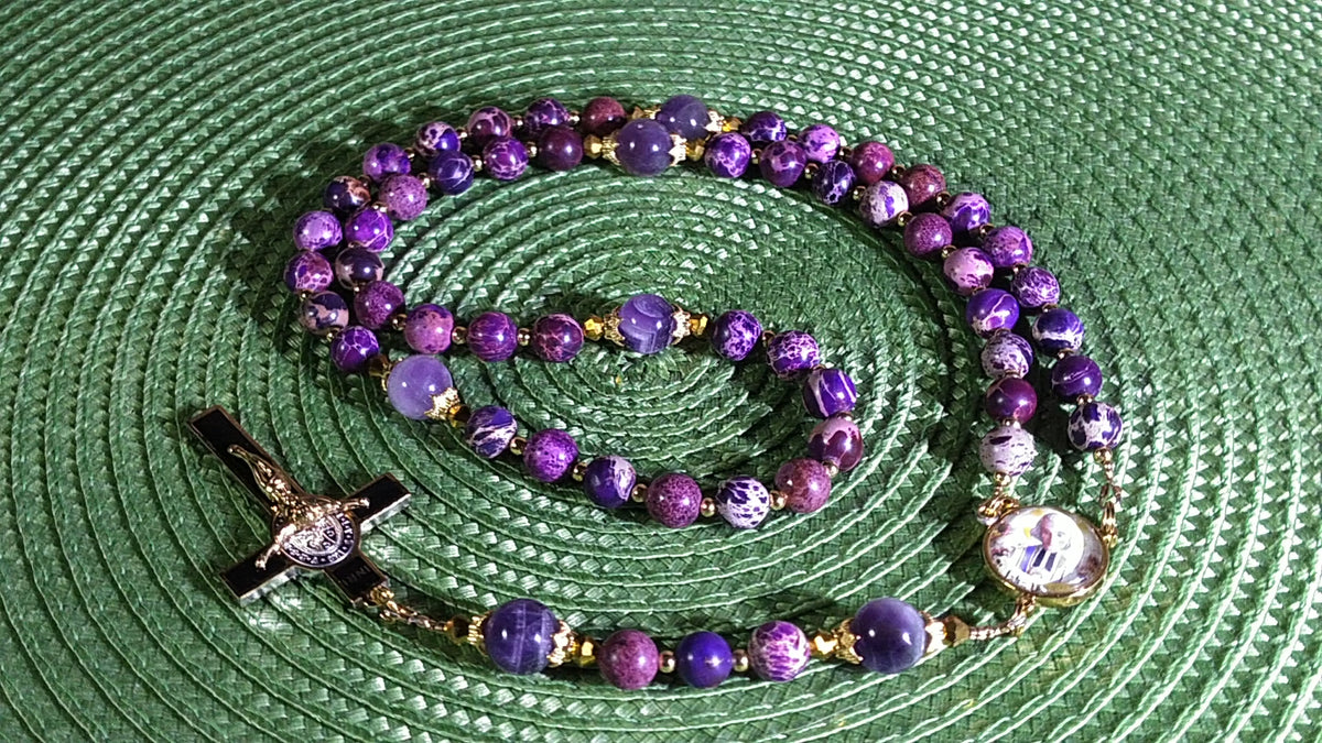 St. John Vianney Limited Edition Royal Relic Rosary | 18K Gold | Exhaustion, Mental Stress & Spiritual Affliction | Purple Emperor Jasper & Dogtooth Amethyst | 3rd Class Relic