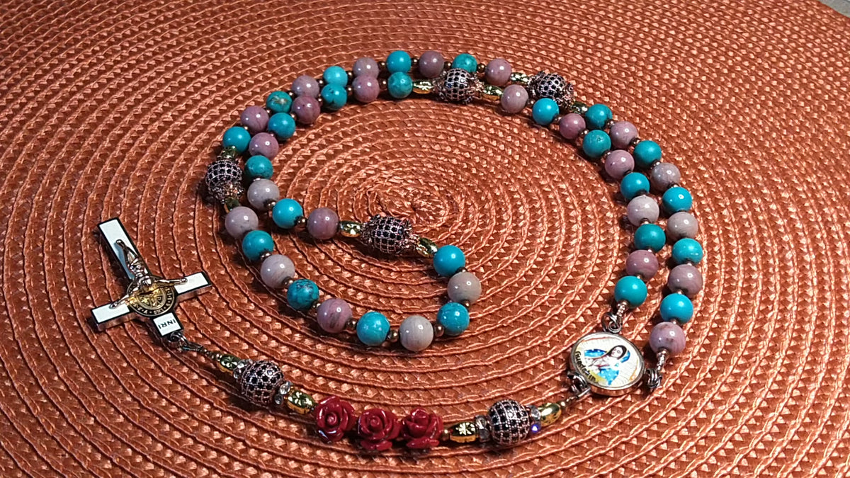 Our Lady of Guadalupe Limited Edition Royal Relic Rosary | 18K Rose Gold | Unborn Protection, Pregnancy & Family Miracles | Turquoise & Rhodochrosite | 3rd Class Relic