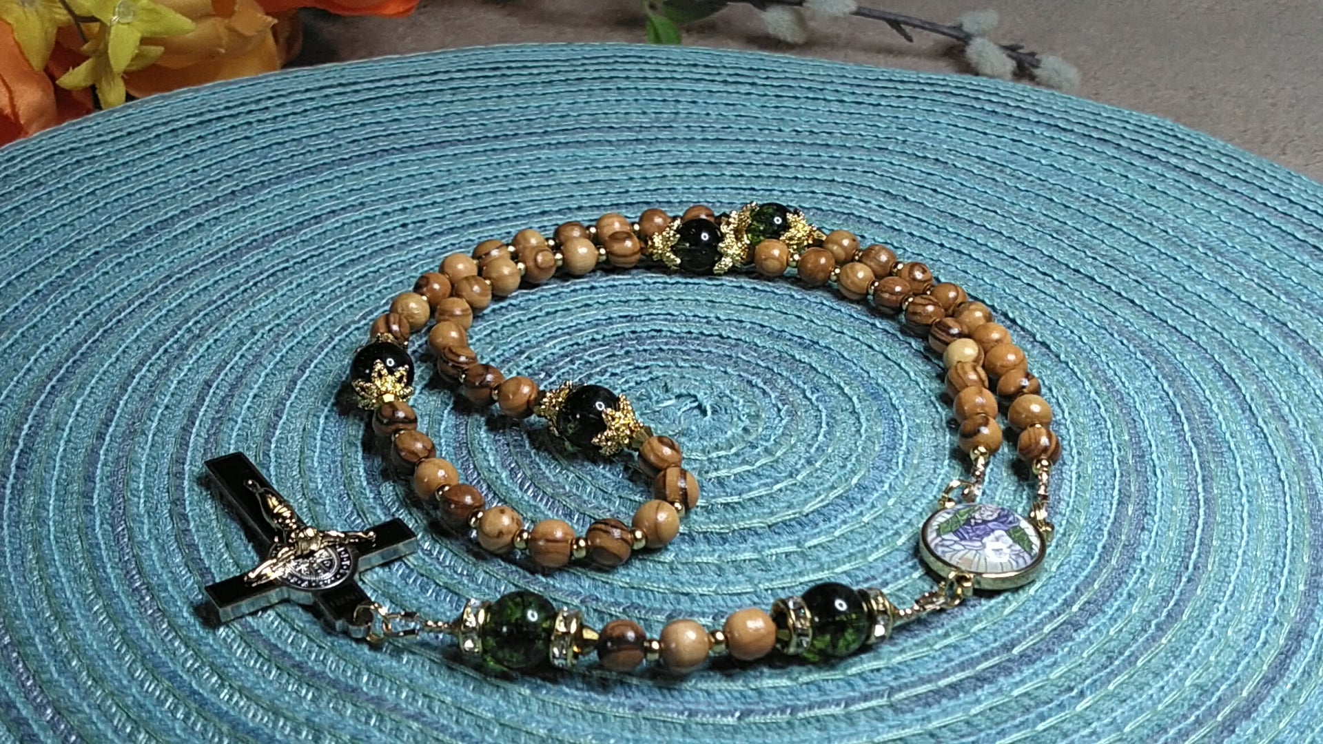 God the Father Limited Edition Classic Rosary | 18K Yellow Gold | Bethlehem Olive Wood & Green Peridot | 1741 St. Benedict Crucifix