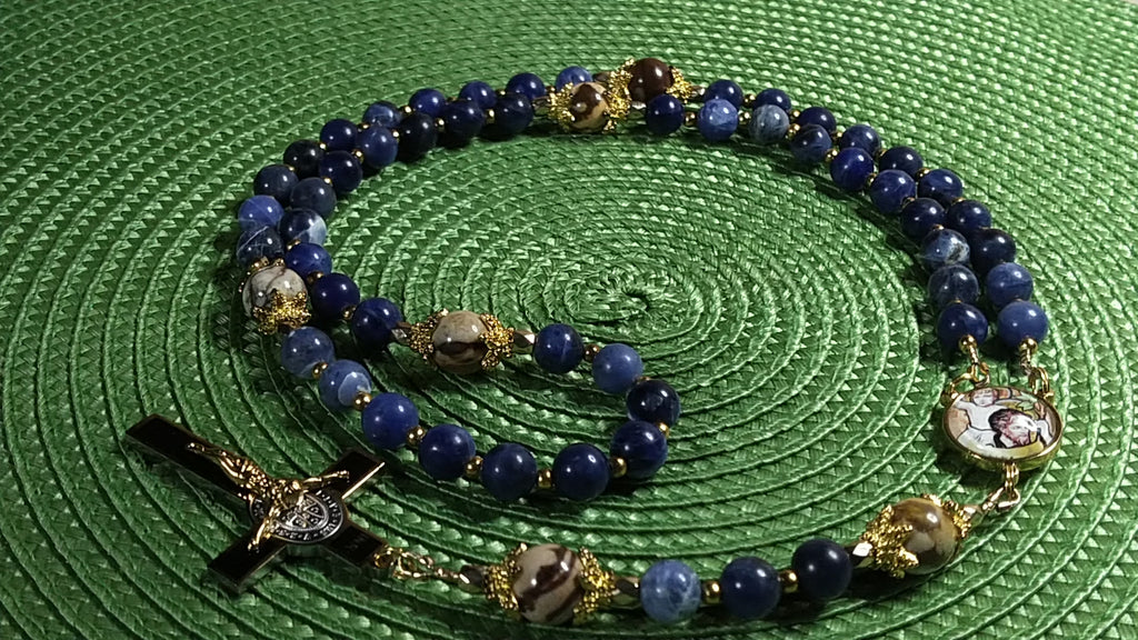 St. Christopher Limited Edition Royal Rosary | 18K Gold & Onyx Black Gold | Safety in Travel, Protection from Storms & Physical Strength | Sodalite & Zebra Stone
