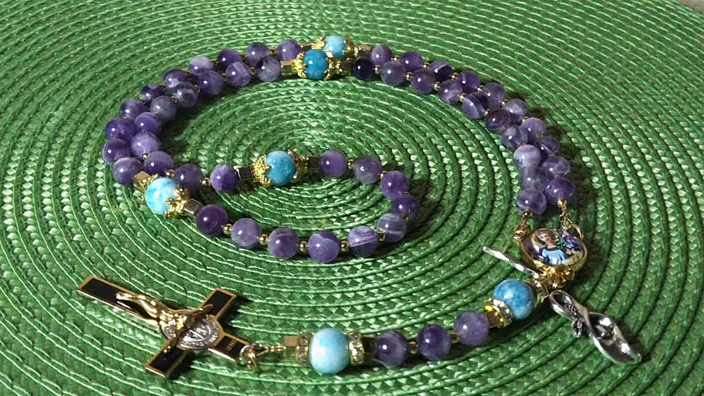 St. Gabriel the Archangel Limited Edition Royal Rosary | 18K Gold | Messenger of God & Strength of God | Amethyst & Larimar Quartz